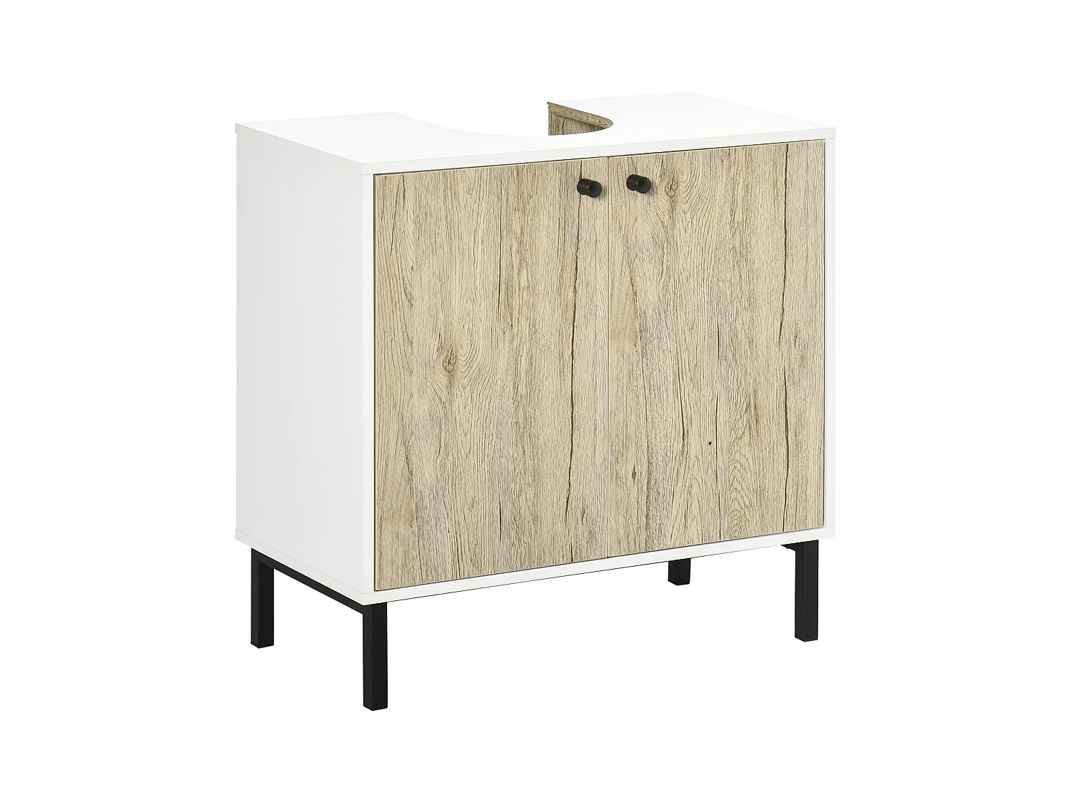 Meuble salle de bain - meuble sous-vasque - 2 portes, étagère réglable - piètement acier noir panneaux aspect chêne clair blanc