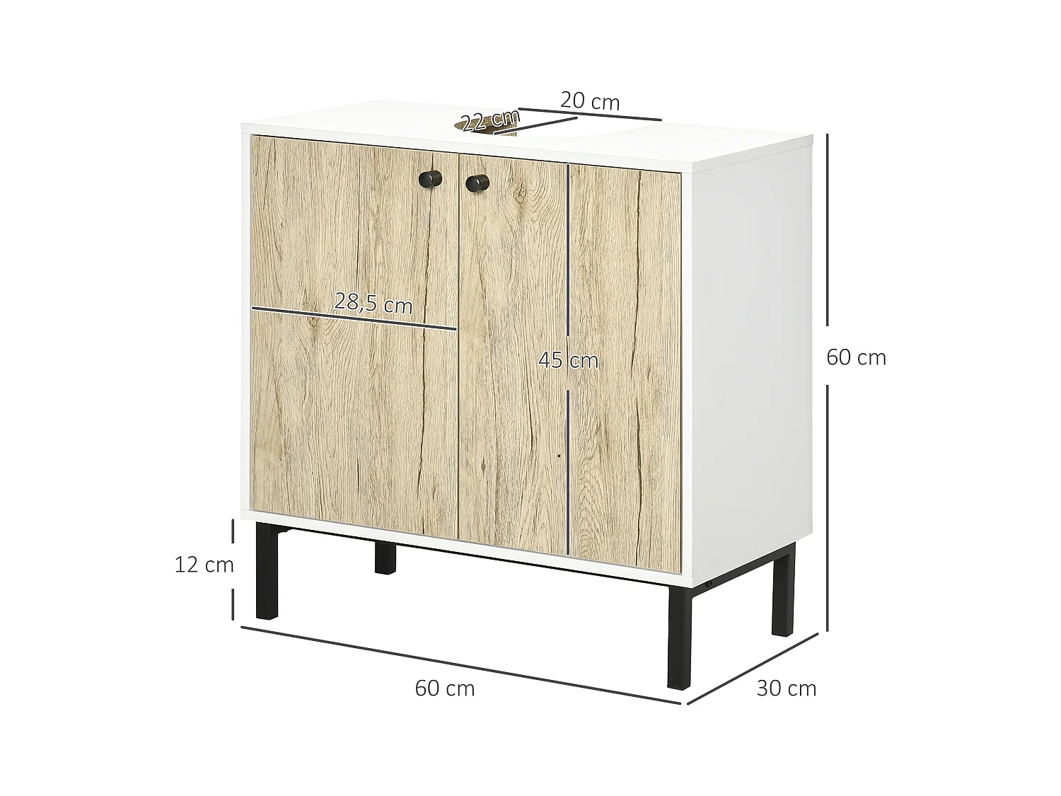 Meuble salle de bain - meuble sous-vasque - 2 portes, étagère réglable - piètement acier noir panneaux aspect chêne clair blanc