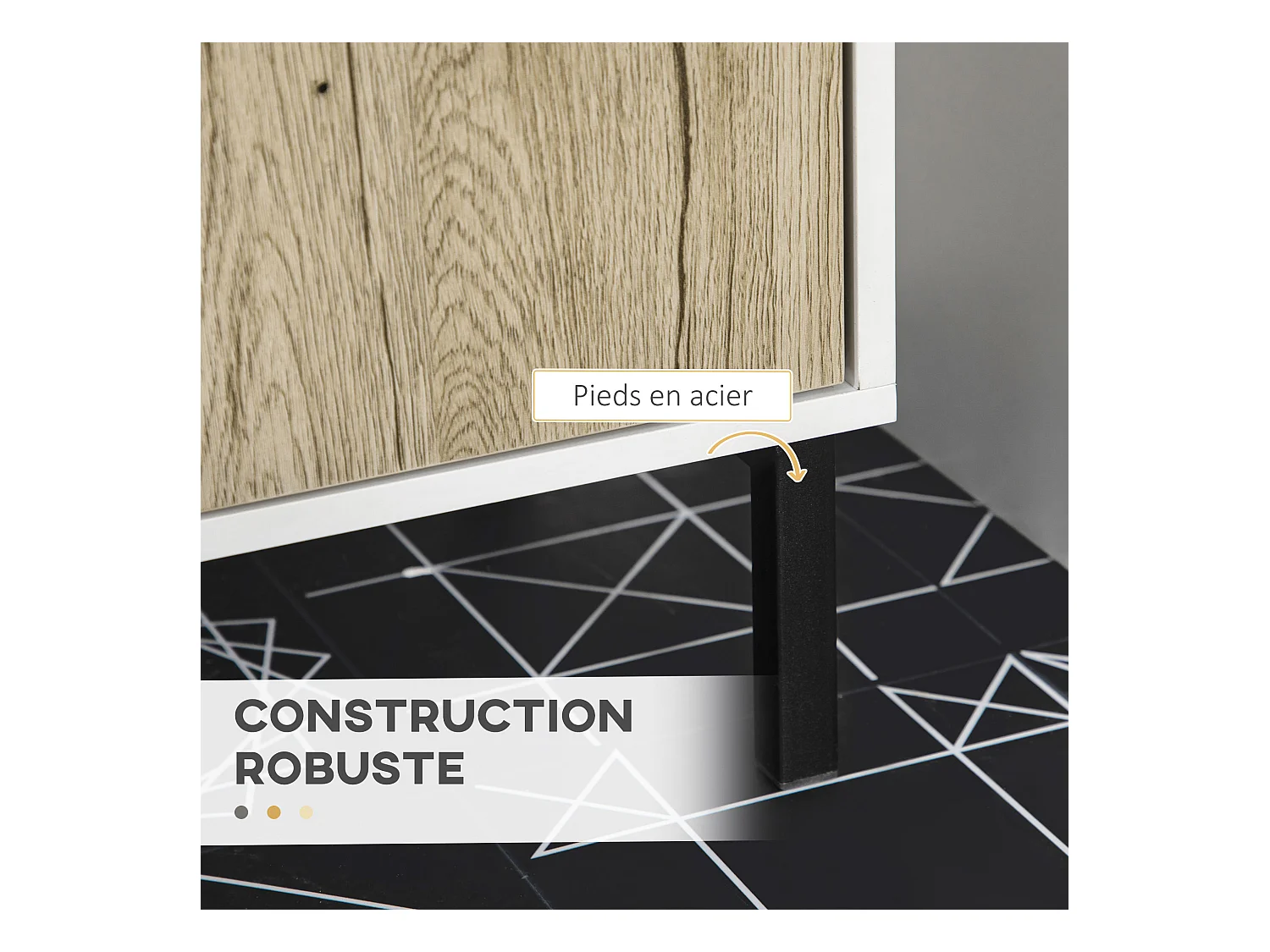 Meuble salle de bain - meuble sous-vasque - 2 portes, étagère réglable - piètement acier noir panneaux aspect chêne clair blanc