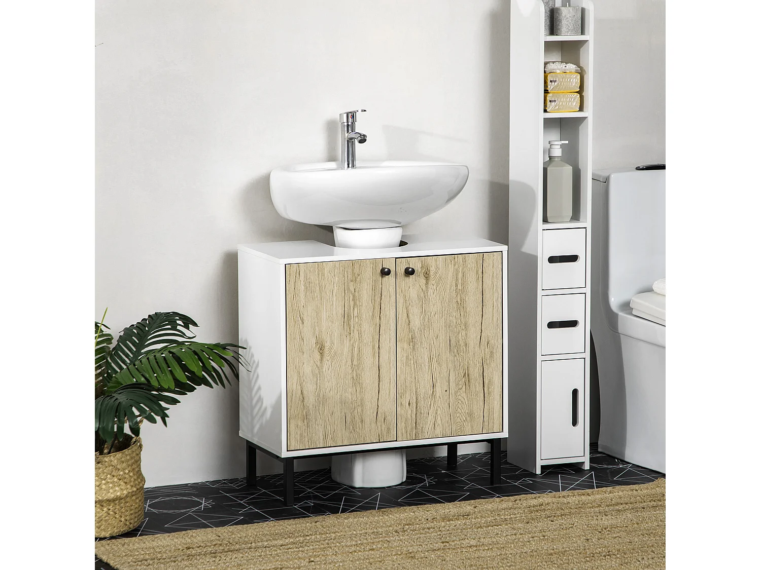 Meuble salle de bain - meuble sous-vasque - 2 portes, étagère réglable - piètement acier noir panneaux aspect chêne clair blanc