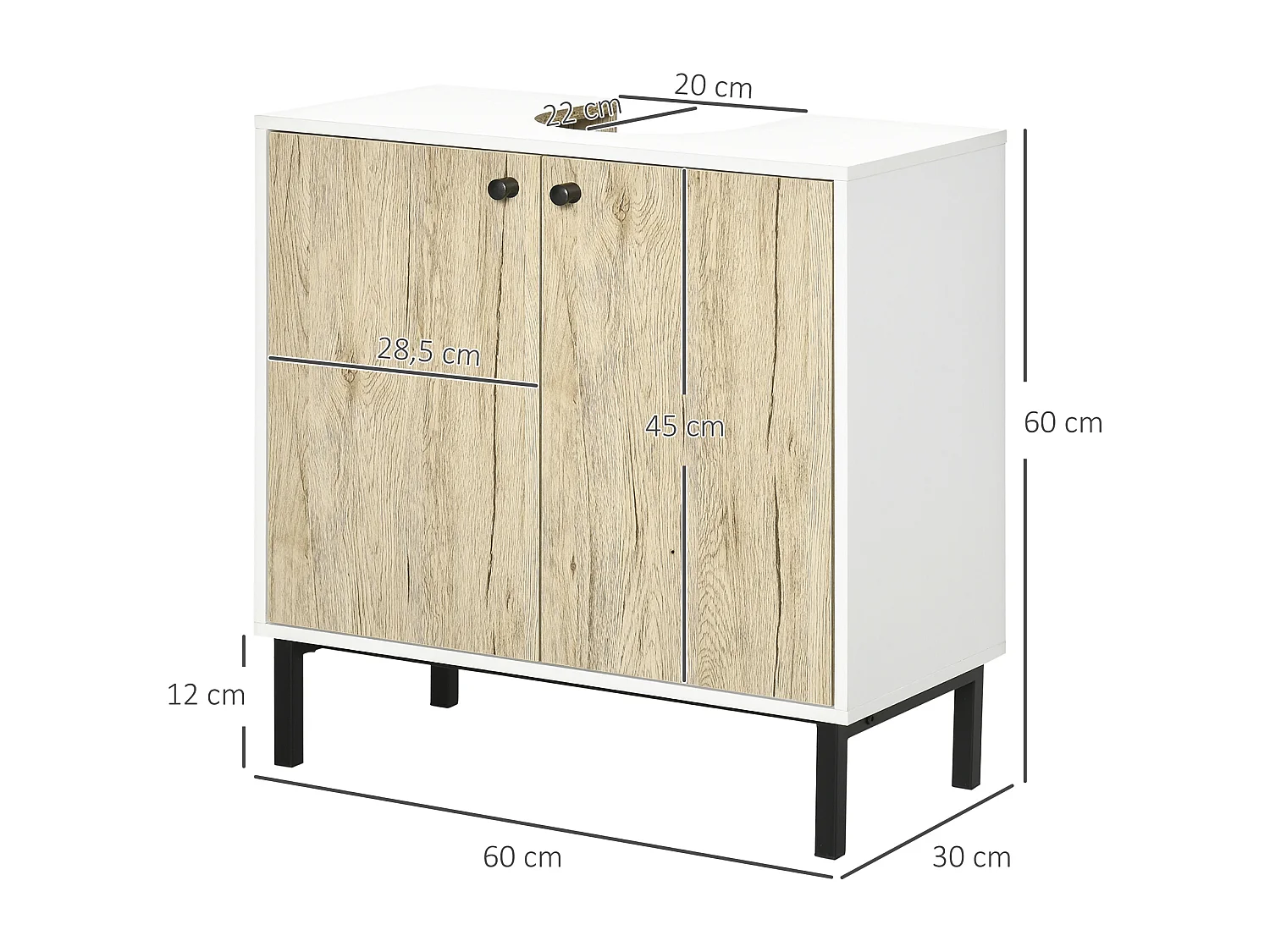 Meuble salle de bain - meuble sous-vasque - 2 portes, étagère réglable - piètement acier noir panneaux aspect chêne clair blanc