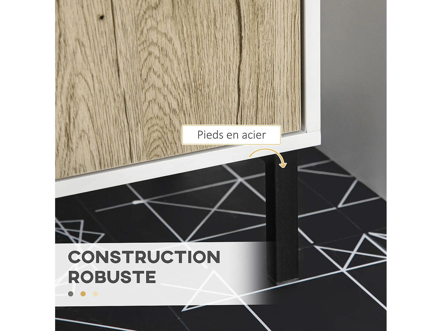 Meuble salle de bain - meuble sous-vasque - 2 portes, étagère réglable - piètement acier noir panneaux aspect chêne clair blanc