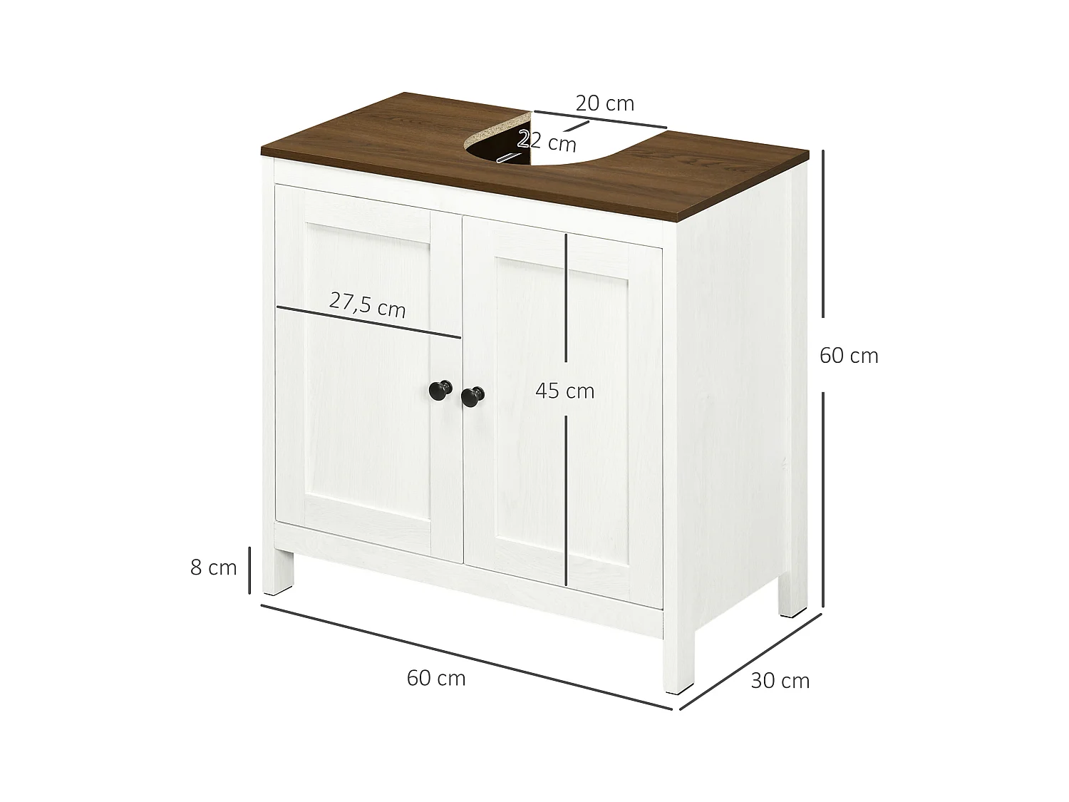 Meuble salle de bain - meuble sous-vasque - placard 2 portes avec étagère - panneaux blanc aspect bois noyer