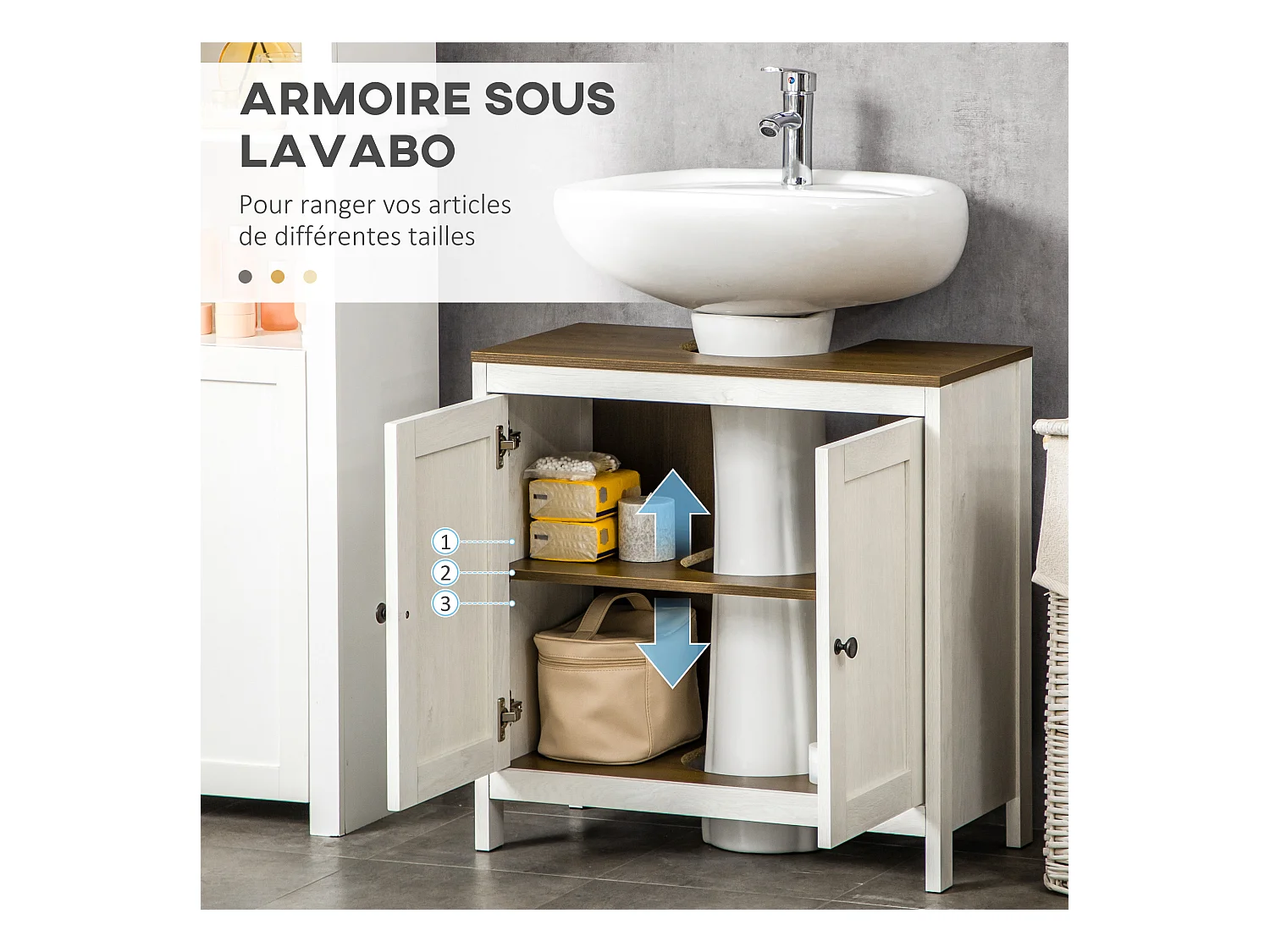 Meuble salle de bain - meuble sous-vasque - placard 2 portes avec étagère - panneaux blanc aspect bois noyer