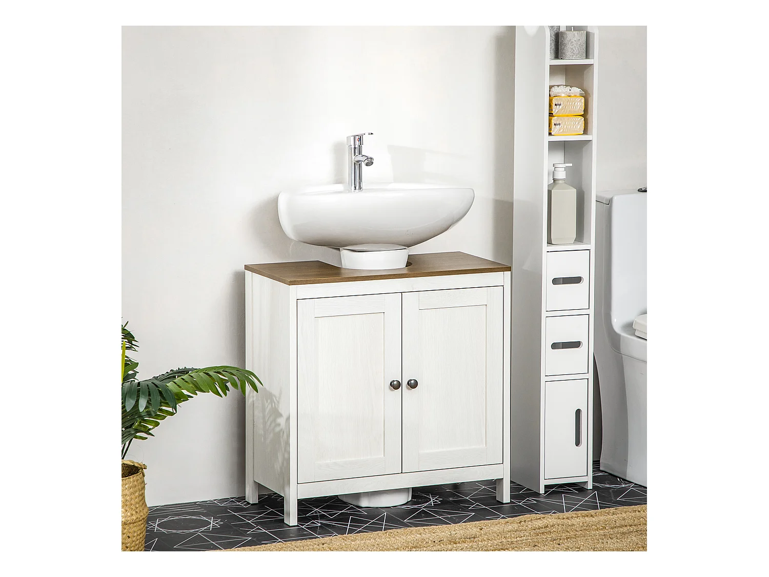 Meuble salle de bain - meuble sous-vasque - placard 2 portes avec étagère - panneaux blanc aspect bois noyer