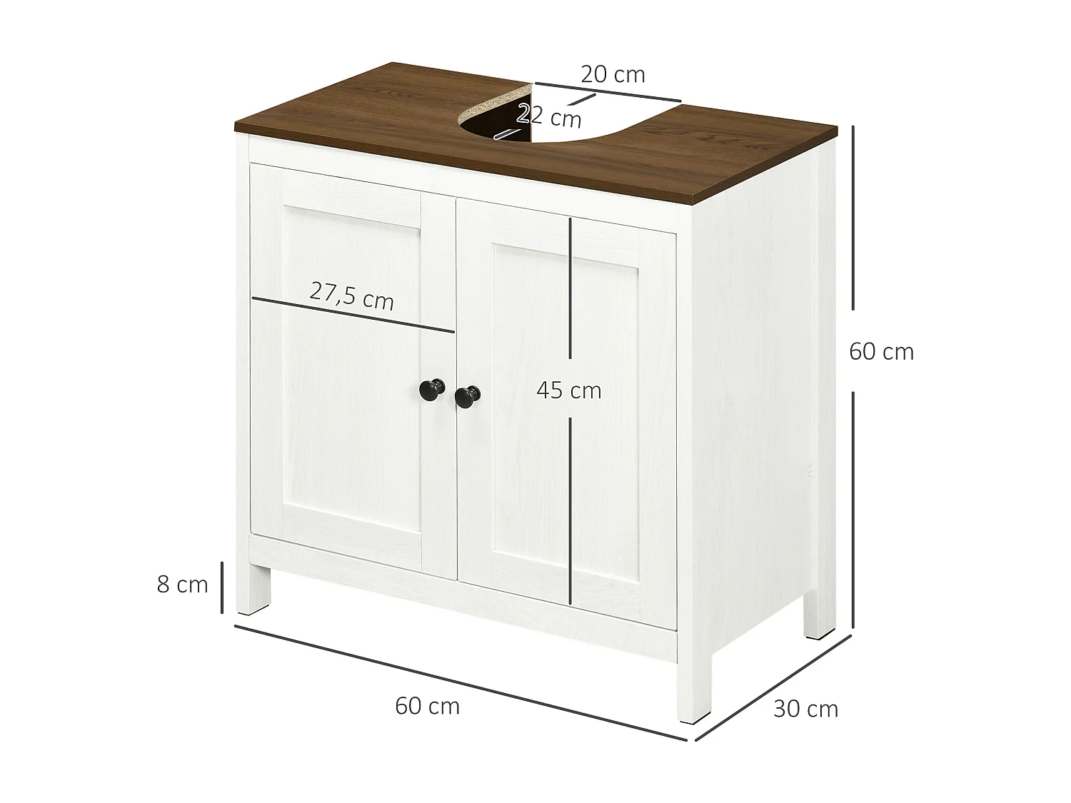 Meuble salle de bain - meuble sous-vasque - placard 2 portes avec étagère - panneaux blanc aspect bois noyer