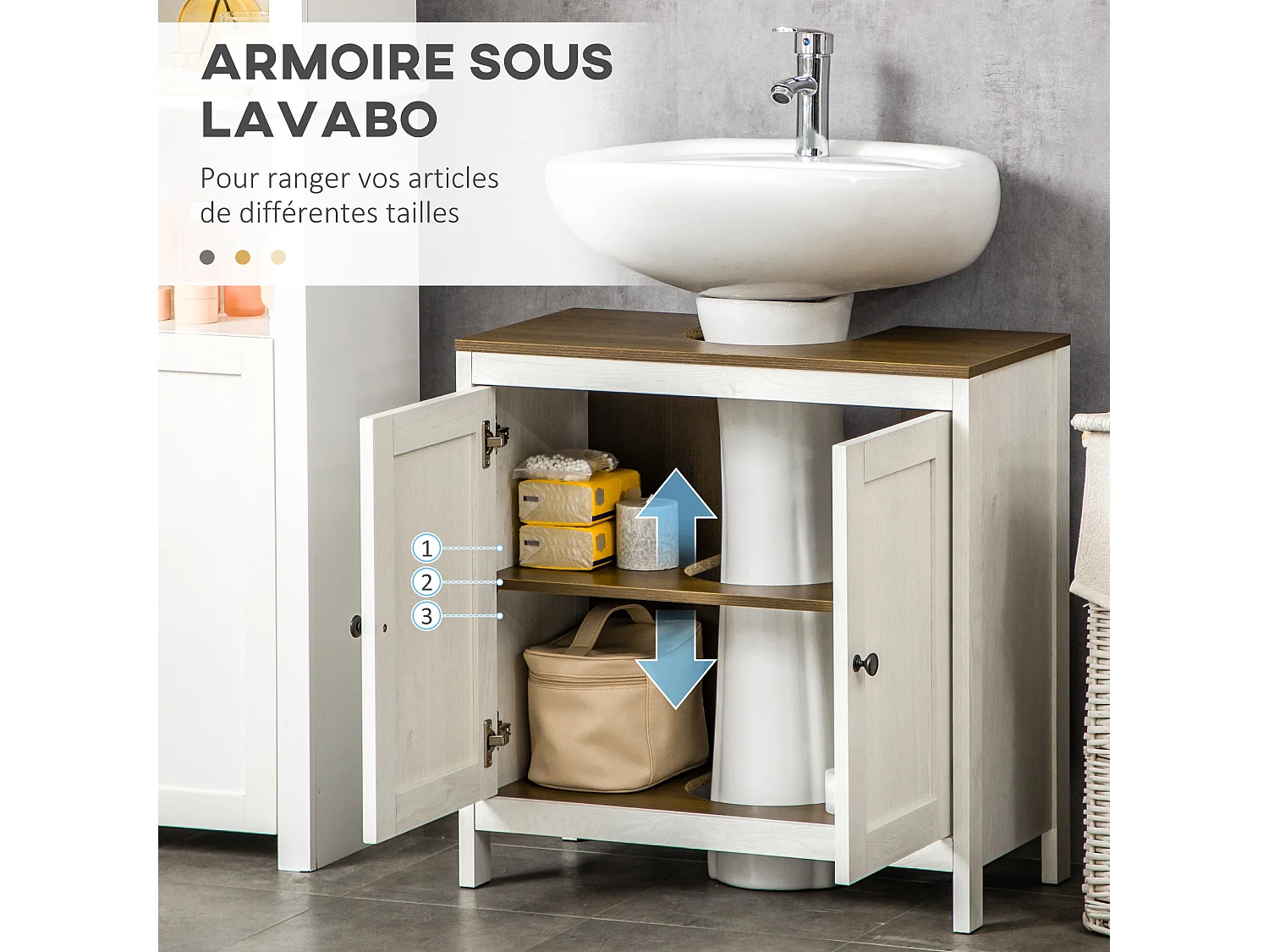 Meuble salle de bain - meuble sous-vasque - placard 2 portes avec étagère - panneaux blanc aspect bois noyer