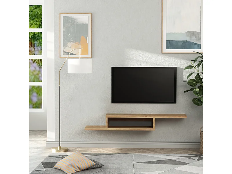 Meuble TV mural flottant design - étagère murale flottante - niche, passe-fils - panneaux particules chêne clair