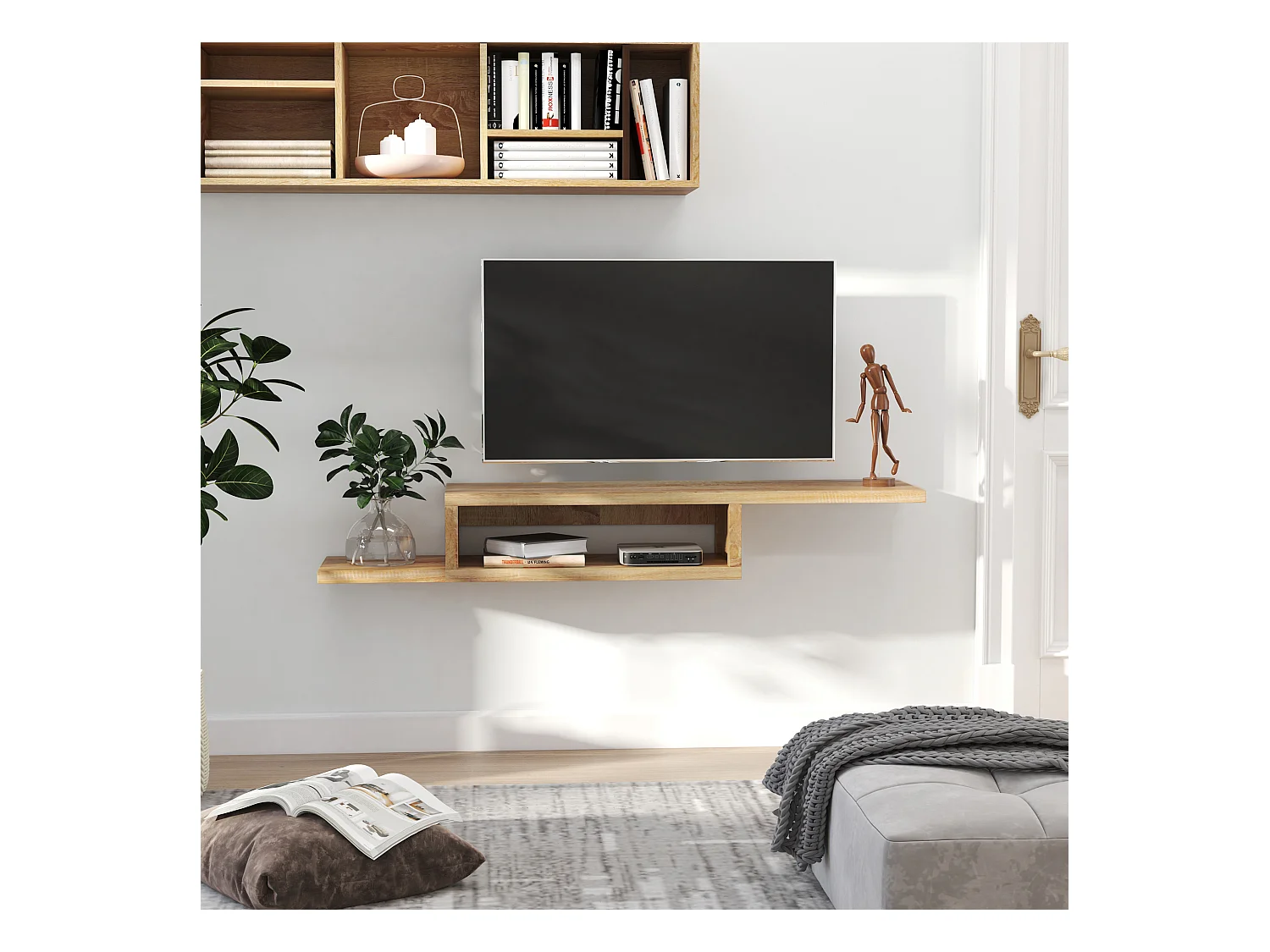 Meuble TV mural flottant design - étagère murale flottante - niche, passe-fils - panneaux particules chêne clair