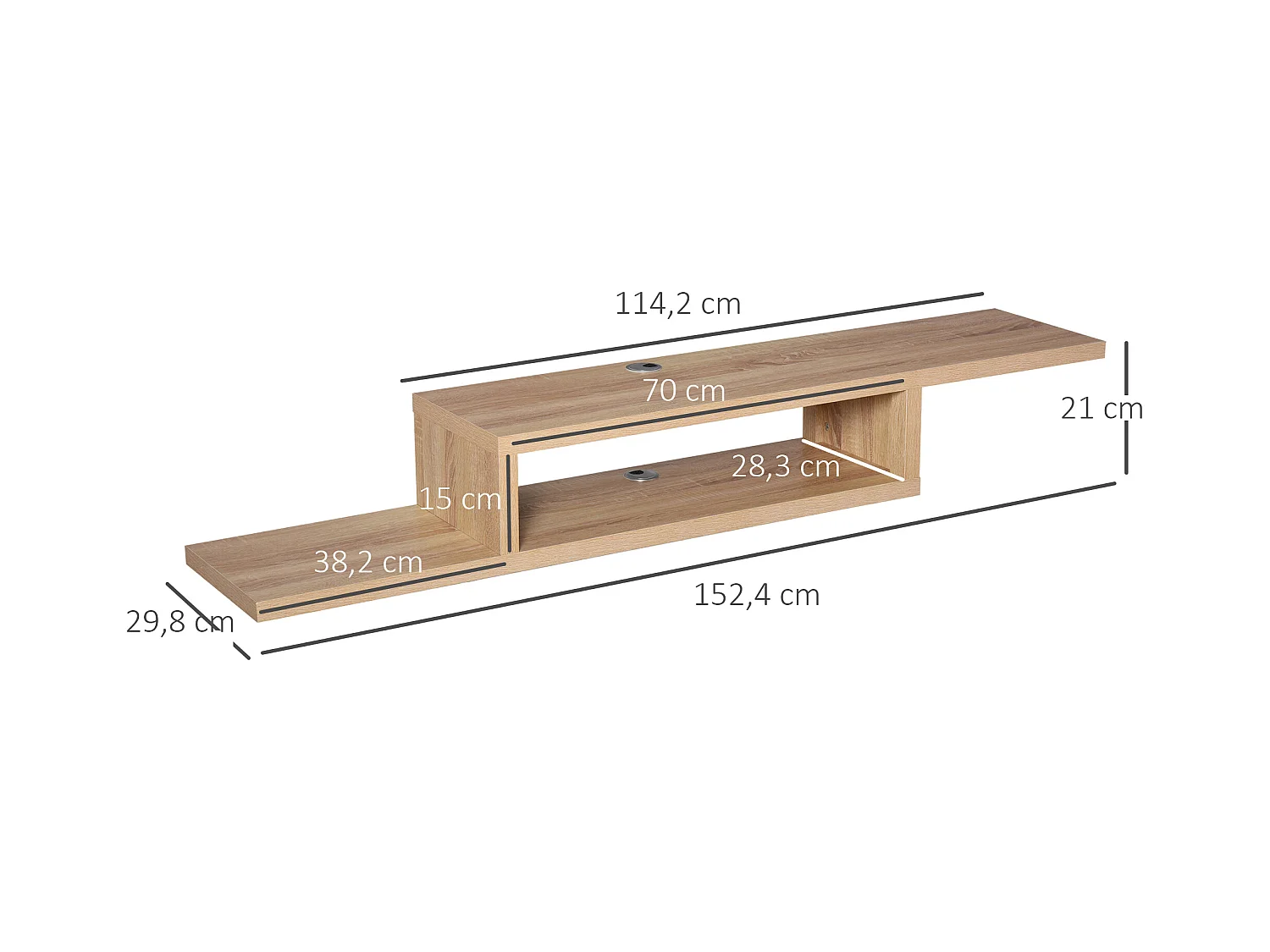 Meuble TV mural flottant design - étagère murale flottante - niche, passe-fils - panneaux particules chêne clair