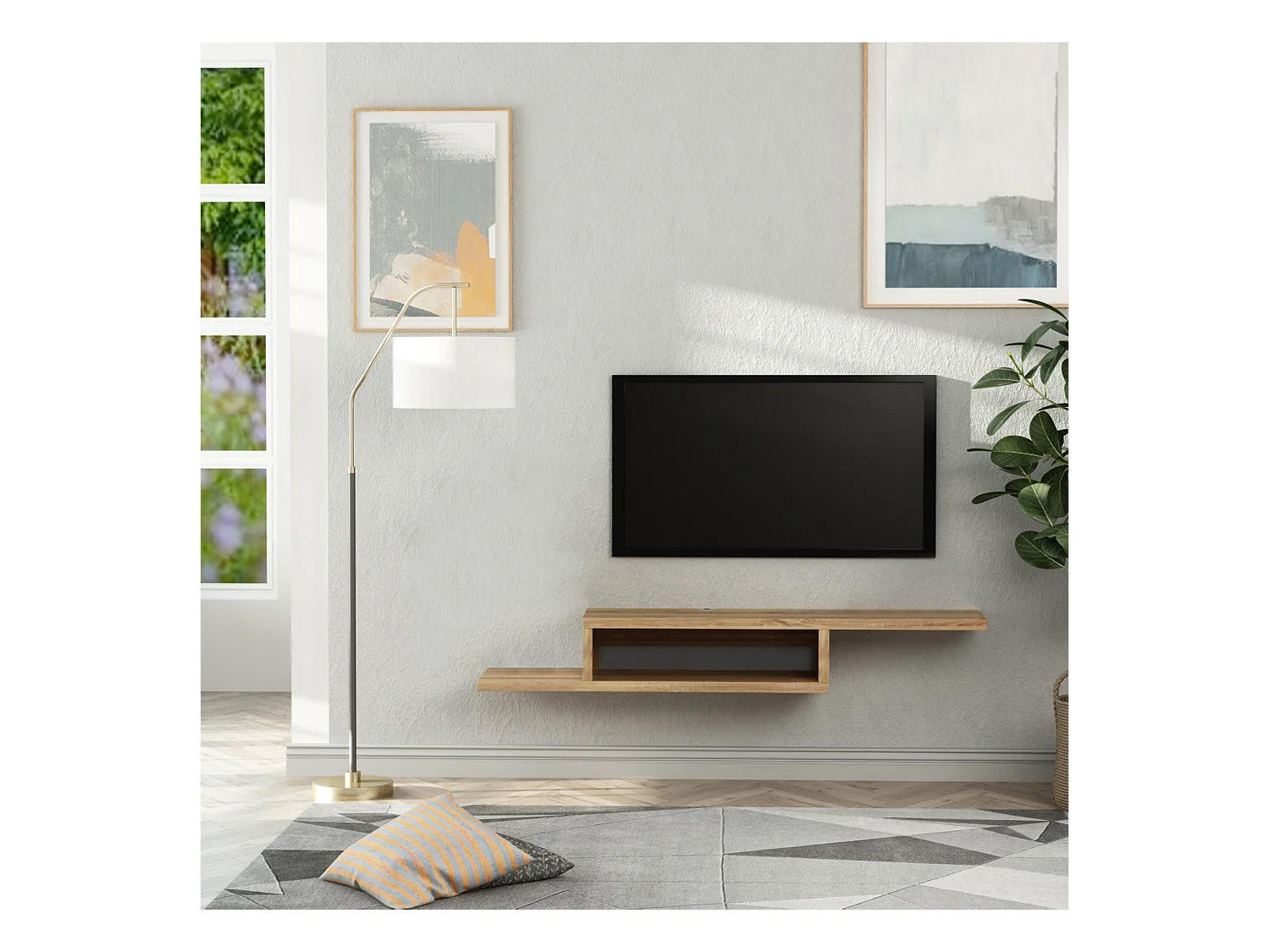 Meuble TV mural flottant design - étagère murale flottante - niche, passe-fils - panneaux particules chêne clair