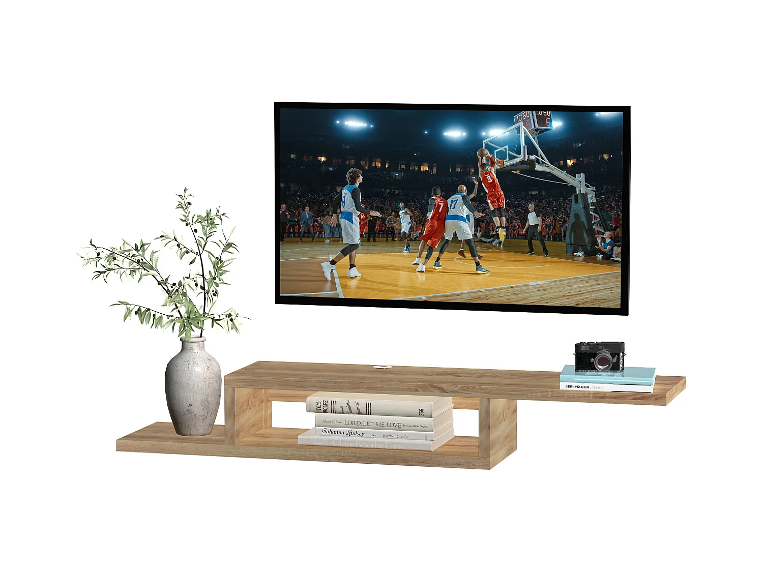 Meuble TV mural flottant design - étagère murale flottante - niche, passe-fils - panneaux particules chêne clair