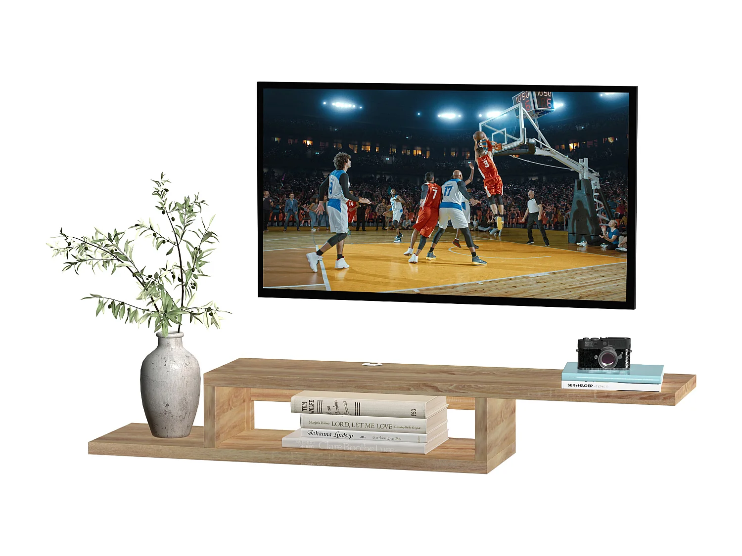 Meuble TV mural flottant design - étagère murale flottante - niche, passe-fils - panneaux particules chêne clair