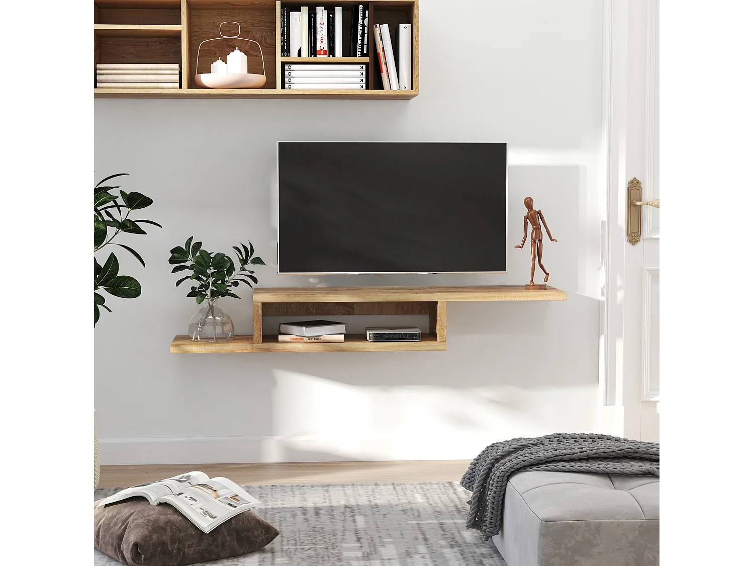 Meuble TV mural flottant design - étagère murale flottante - niche, passe-fils - panneaux particules chêne clair