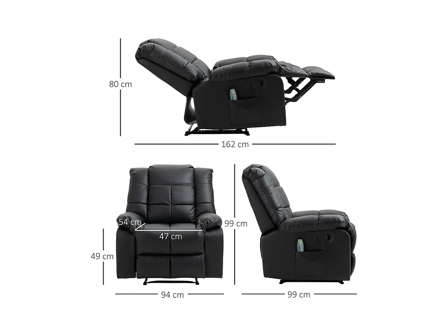 Fauteuil luxe de relaxation et massage inclinaison dossier repose-pied réglable revêtement synthétique noir