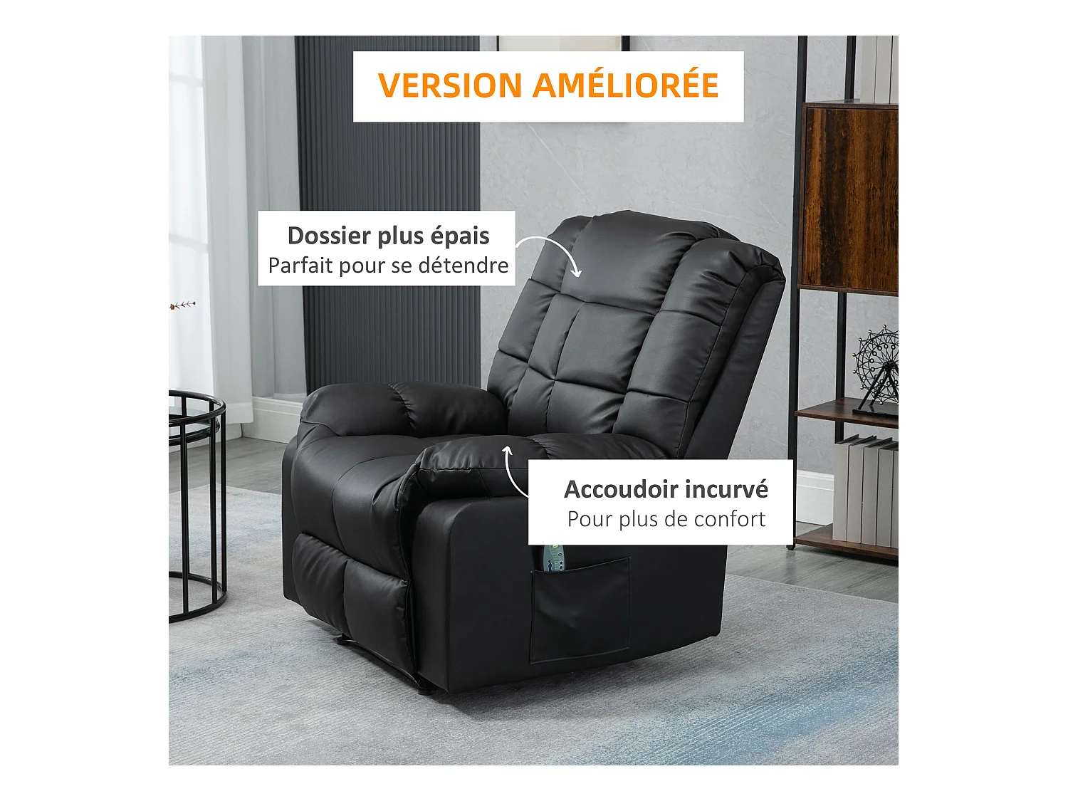 Fauteuil luxe de relaxation et massage inclinaison dossier repose-pied réglable revêtement synthétique noir