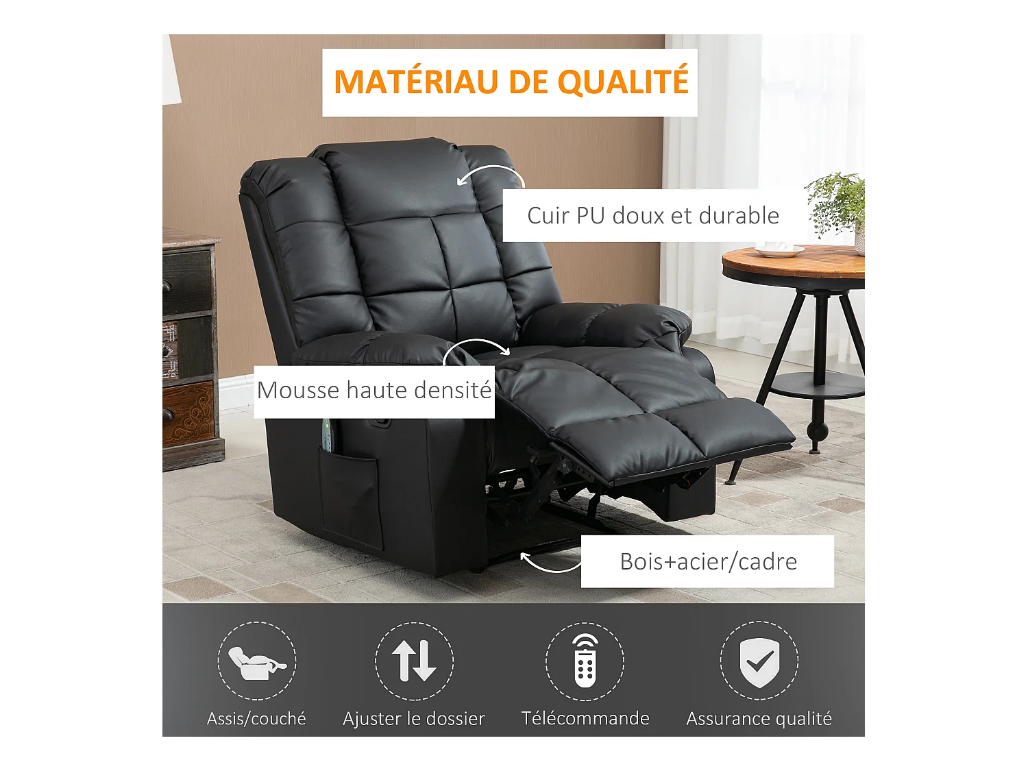 Fauteuil luxe de relaxation et massage inclinaison dossier repose-pied réglable revêtement synthétique noir