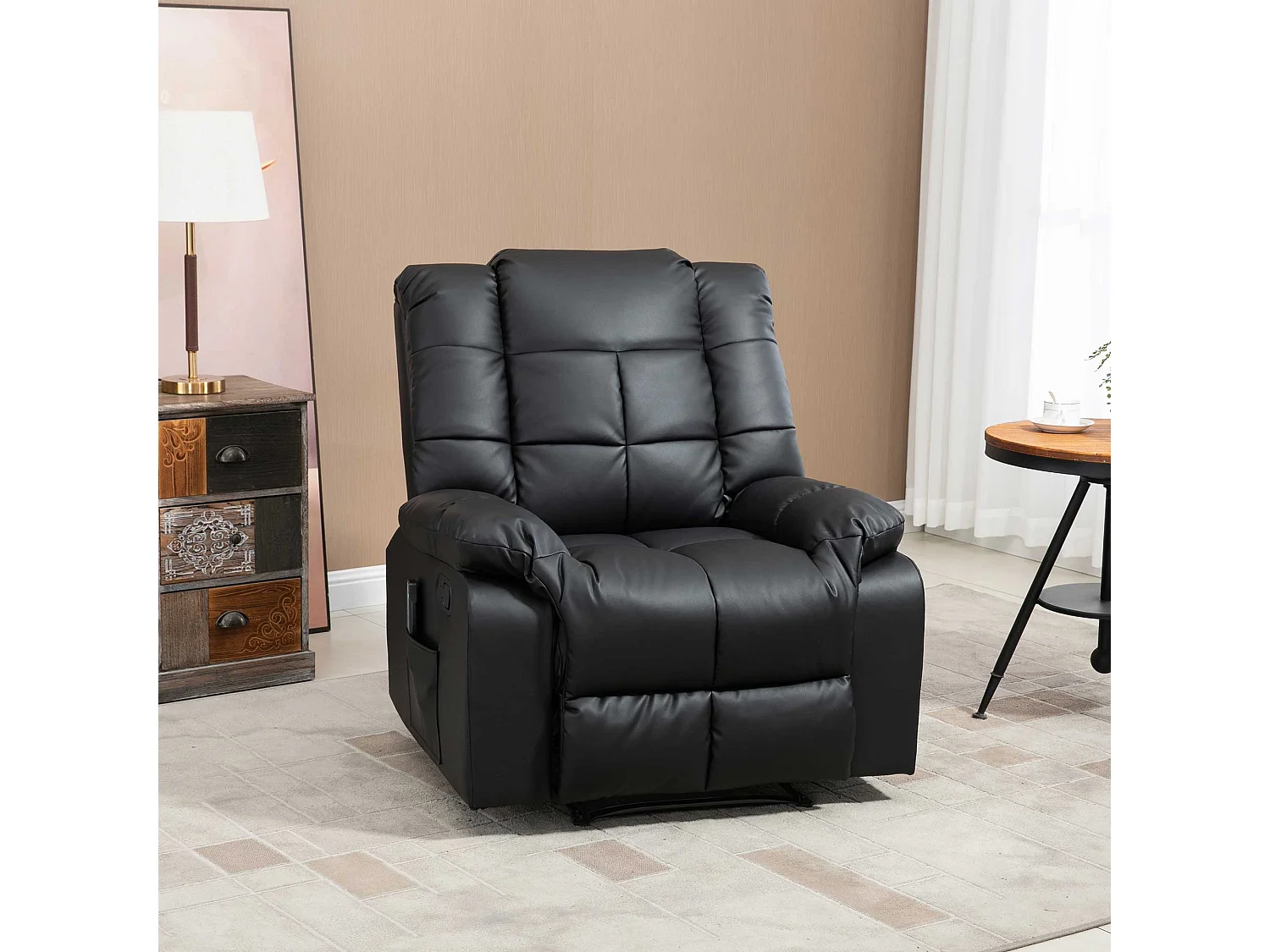 Fauteuil luxe de relaxation et massage inclinaison dossier repose-pied réglable revêtement synthétique noir