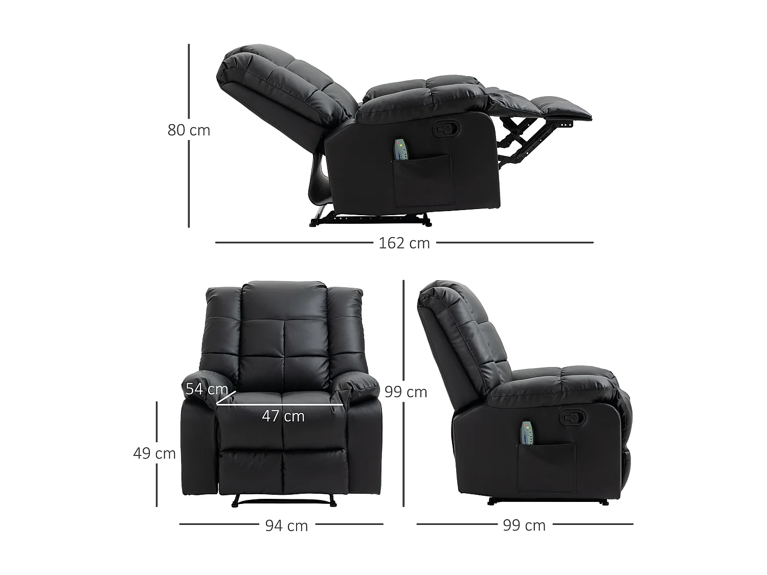 Fauteuil luxe de relaxation et massage inclinaison dossier repose-pied réglable revêtement synthétique noir