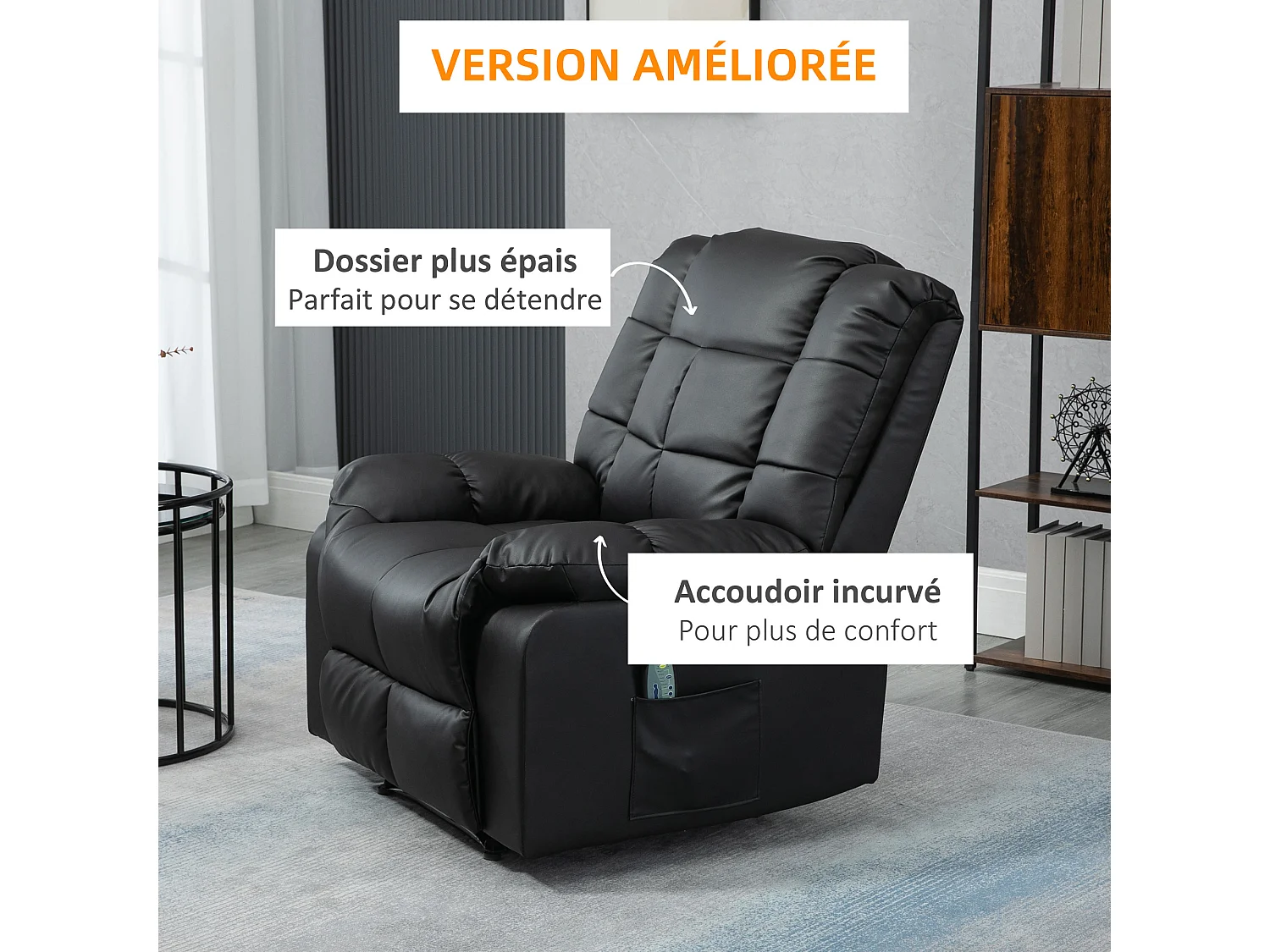 Fauteuil luxe de relaxation et massage inclinaison dossier repose-pied réglable revêtement synthétique noir