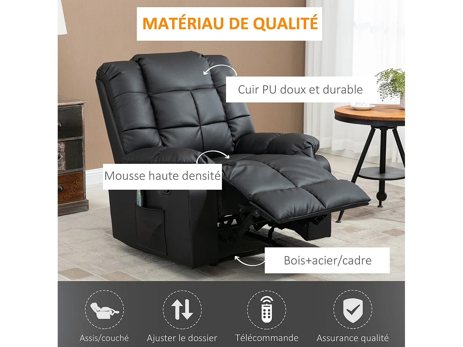 Fauteuil luxe de relaxation et massage inclinaison dossier repose-pied réglable revêtement synthétique noir
