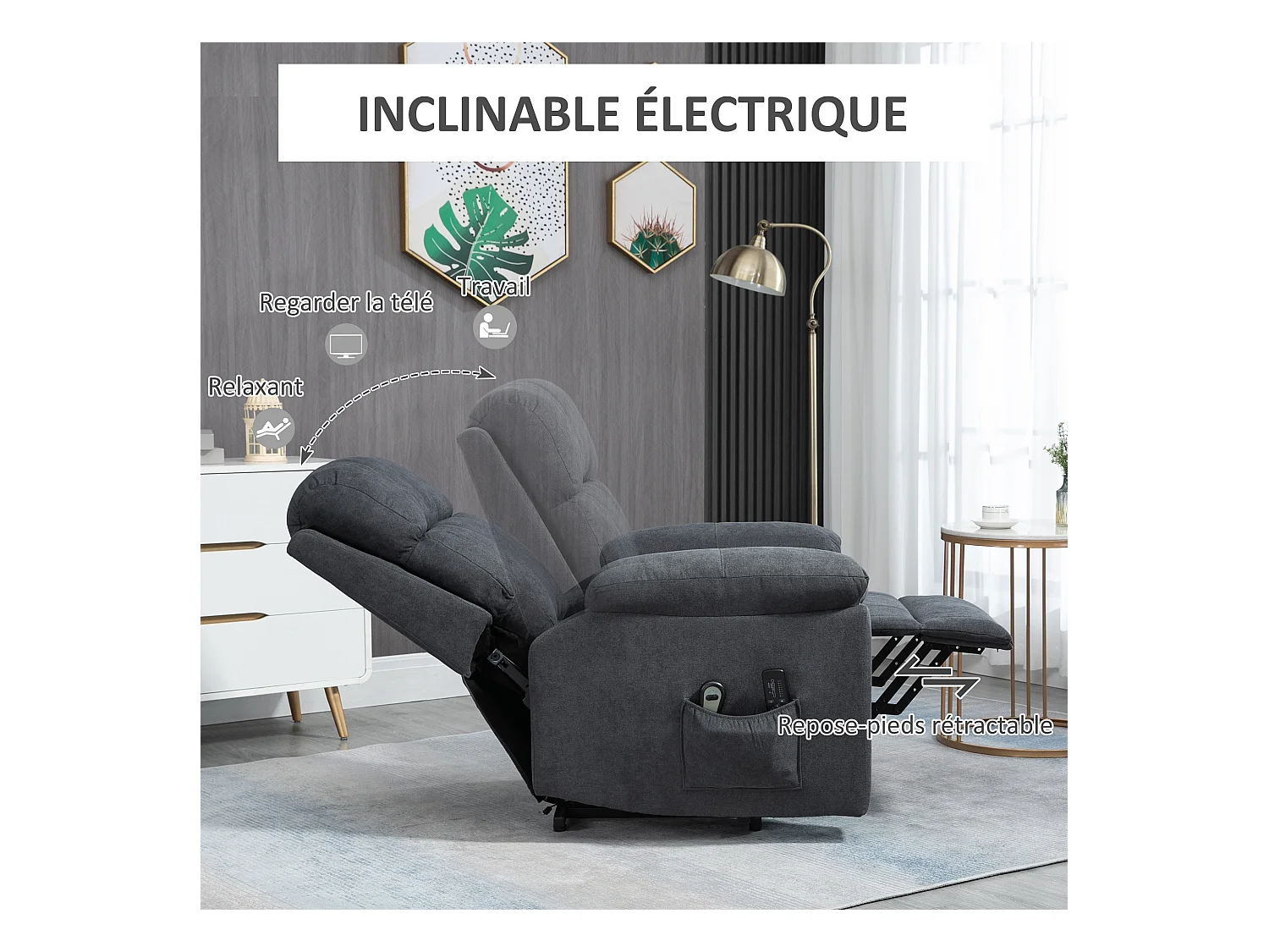 Fauteuil de massage fauteuil releveur électrique inclinaison réglable repose-pied ajustable tissu gris
