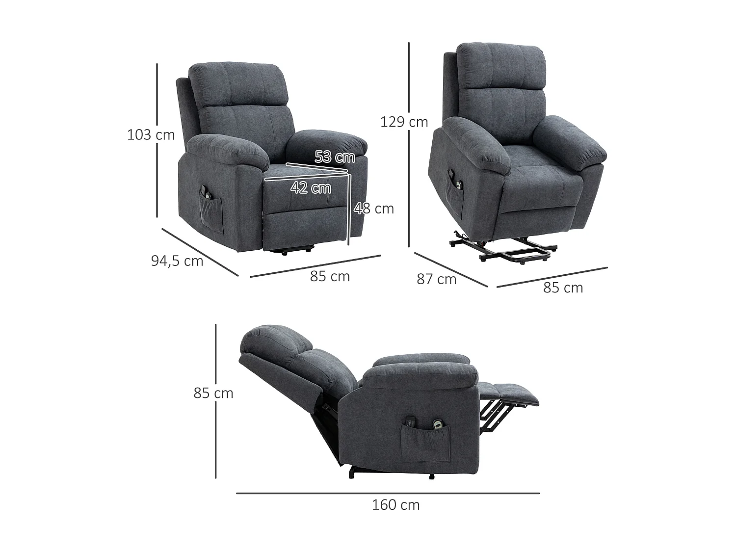Fauteuil de massage fauteuil releveur électrique inclinaison réglable repose-pied ajustable tissu gris