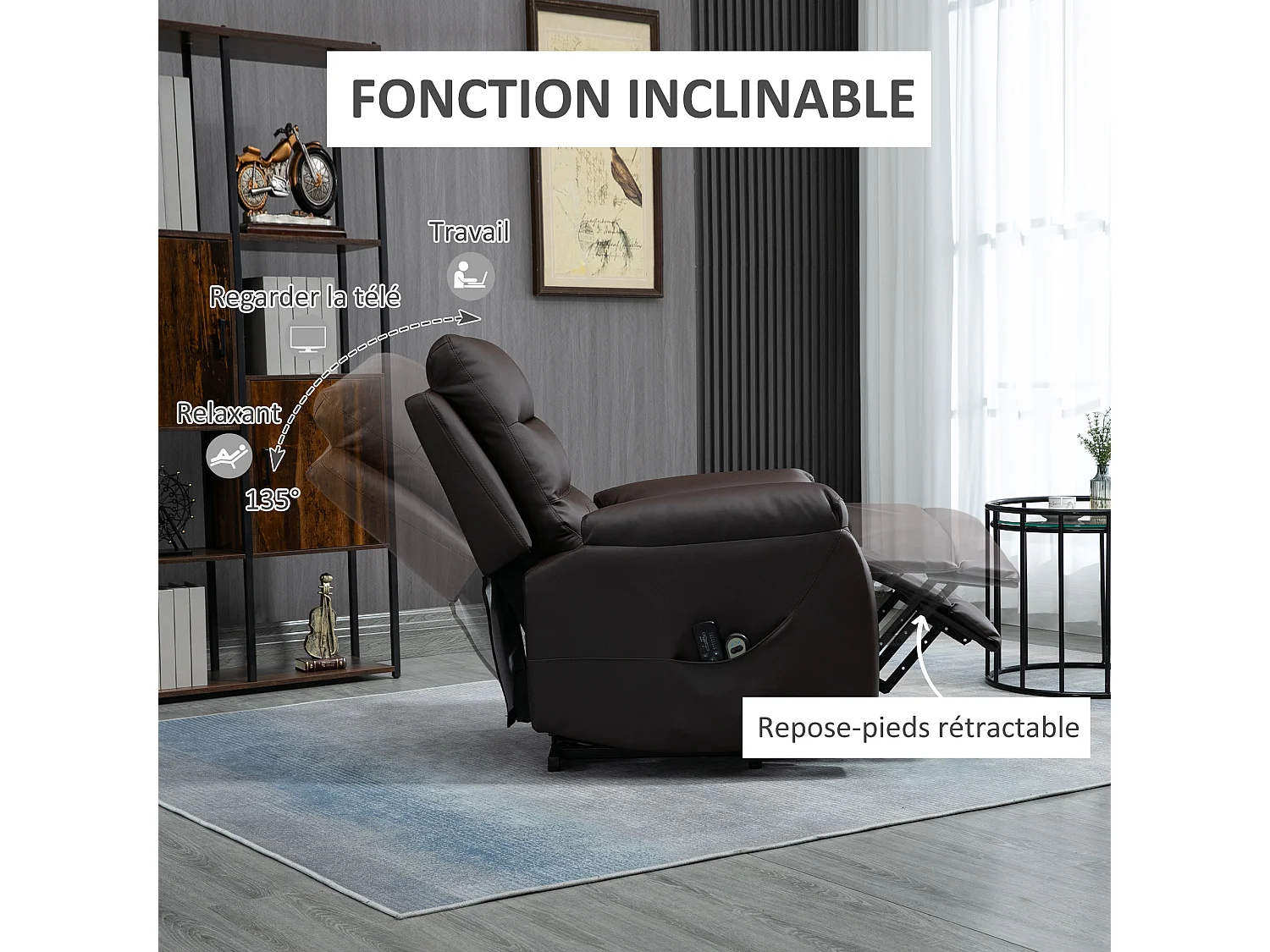 Fauteuil de massage fauteuil releveur électrique inclinaison réglable repose-pied ajustable PU chocolat