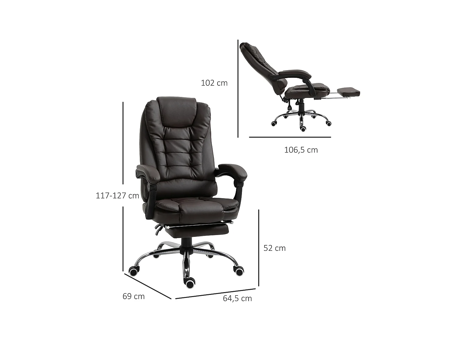 Fauteuil de bureau fauteuil manager grand confort dossier inclinable roulettes P.U 65 x 69 x 127 cm chocolat