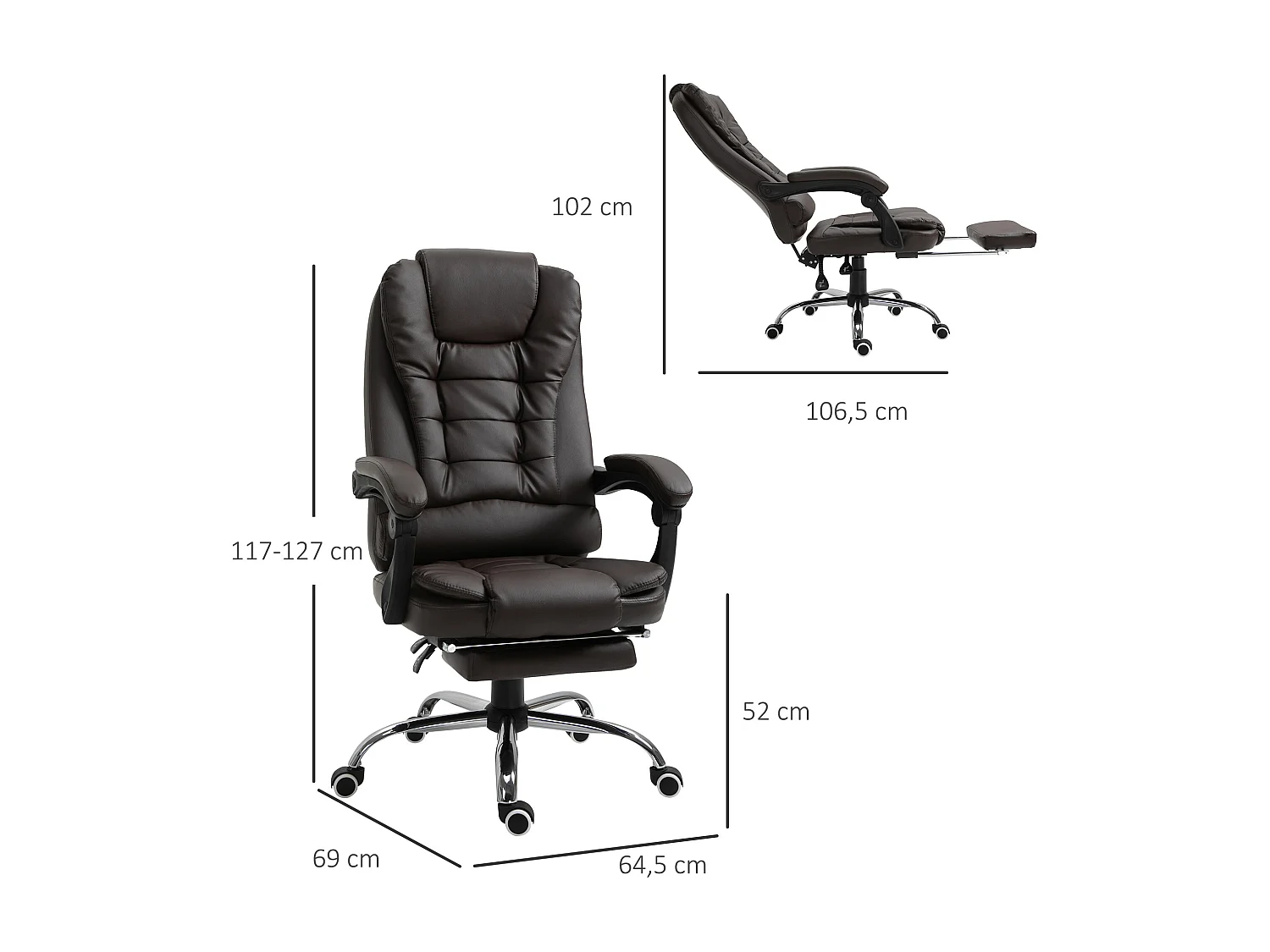 Fauteuil de bureau fauteuil manager grand confort dossier inclinable roulettes P.U 65 x 69 x 127 cm chocolat