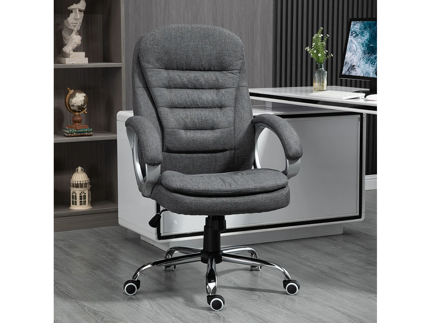 Fauteuil de bureau manager chaise de bureau ergonomique double coussin réglable roulettes toile lin gris foncé