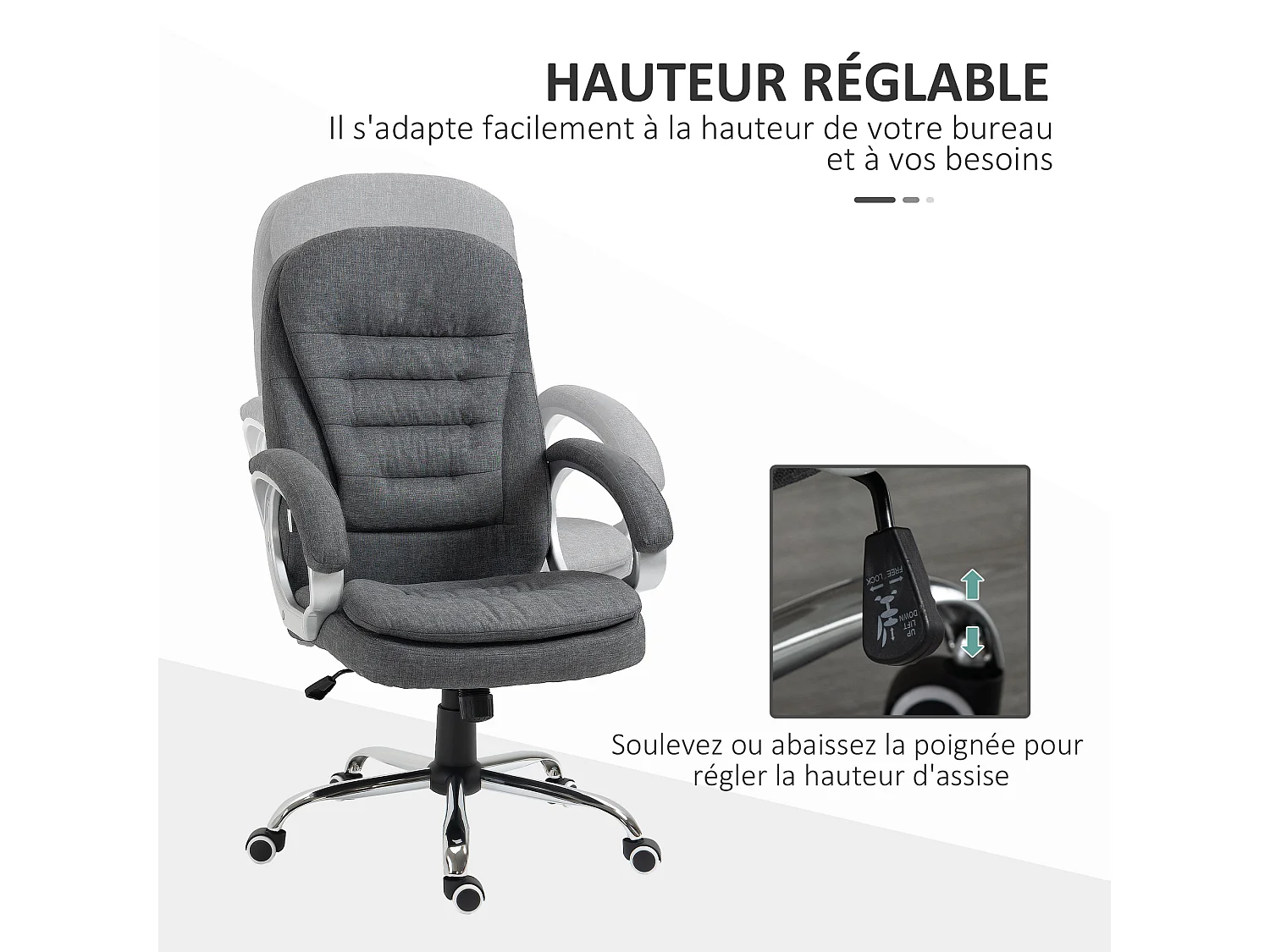 Fauteuil de bureau manager chaise de bureau ergonomique double coussin réglable roulettes toile lin gris foncé