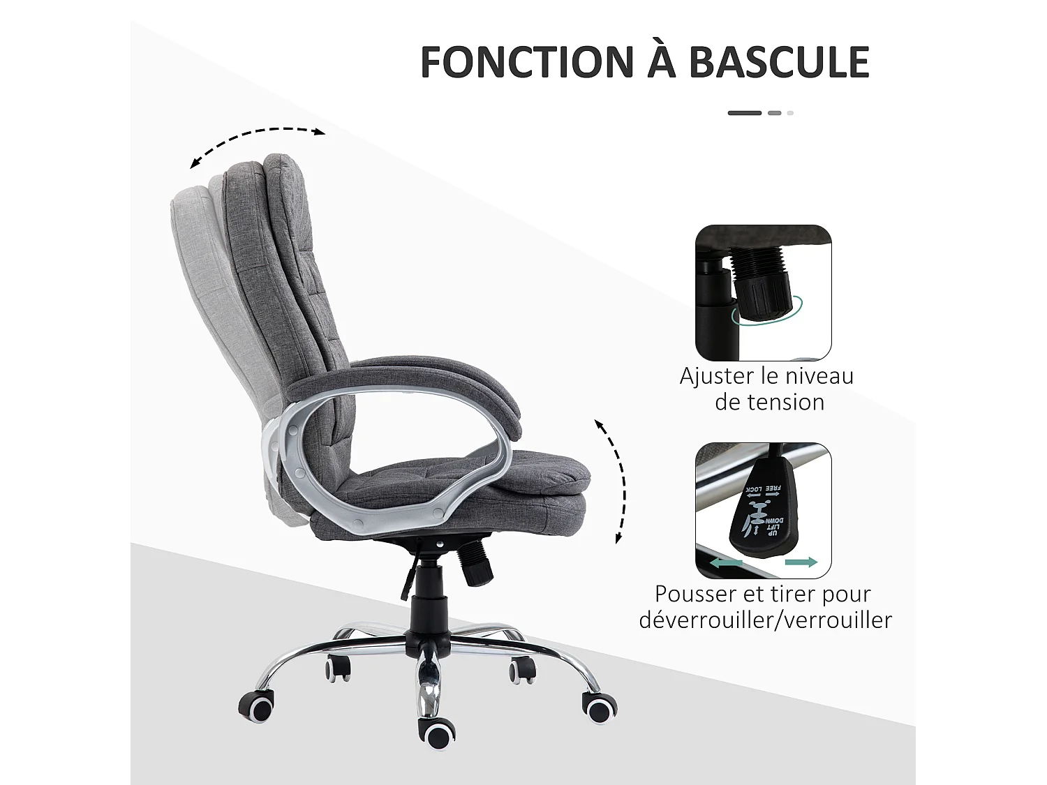 Fauteuil de bureau manager chaise de bureau ergonomique double coussin réglable roulettes toile lin gris foncé