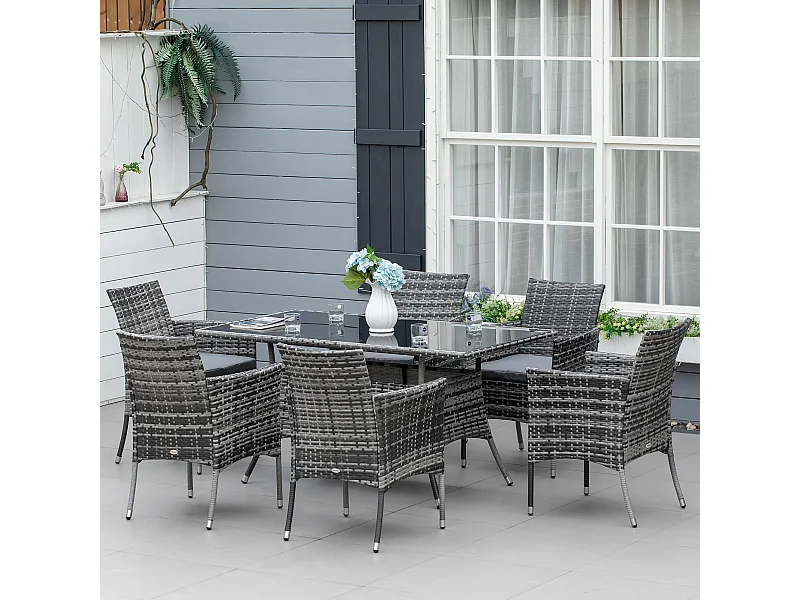 Ensemble salon de jardin 6 personnes - grande table rectangulaire, 6 fauteuils - 6 coussins d'assise déhoussables inclus