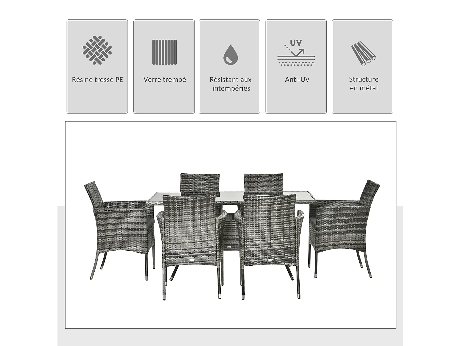 Ensemble salon de jardin 6 personnes - grande table rectangulaire, 6 fauteuils - 6 coussins d'assise déhoussables inclus