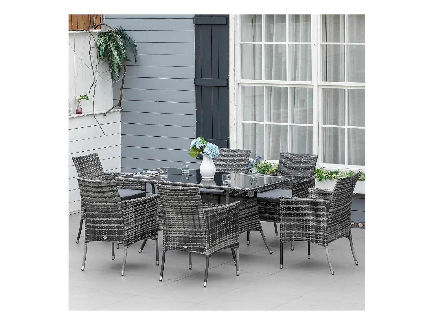 Ensemble salon de jardin 6 personnes - grande table rectangulaire, 6 fauteuils - 6 coussins d'assise déhoussables inclus