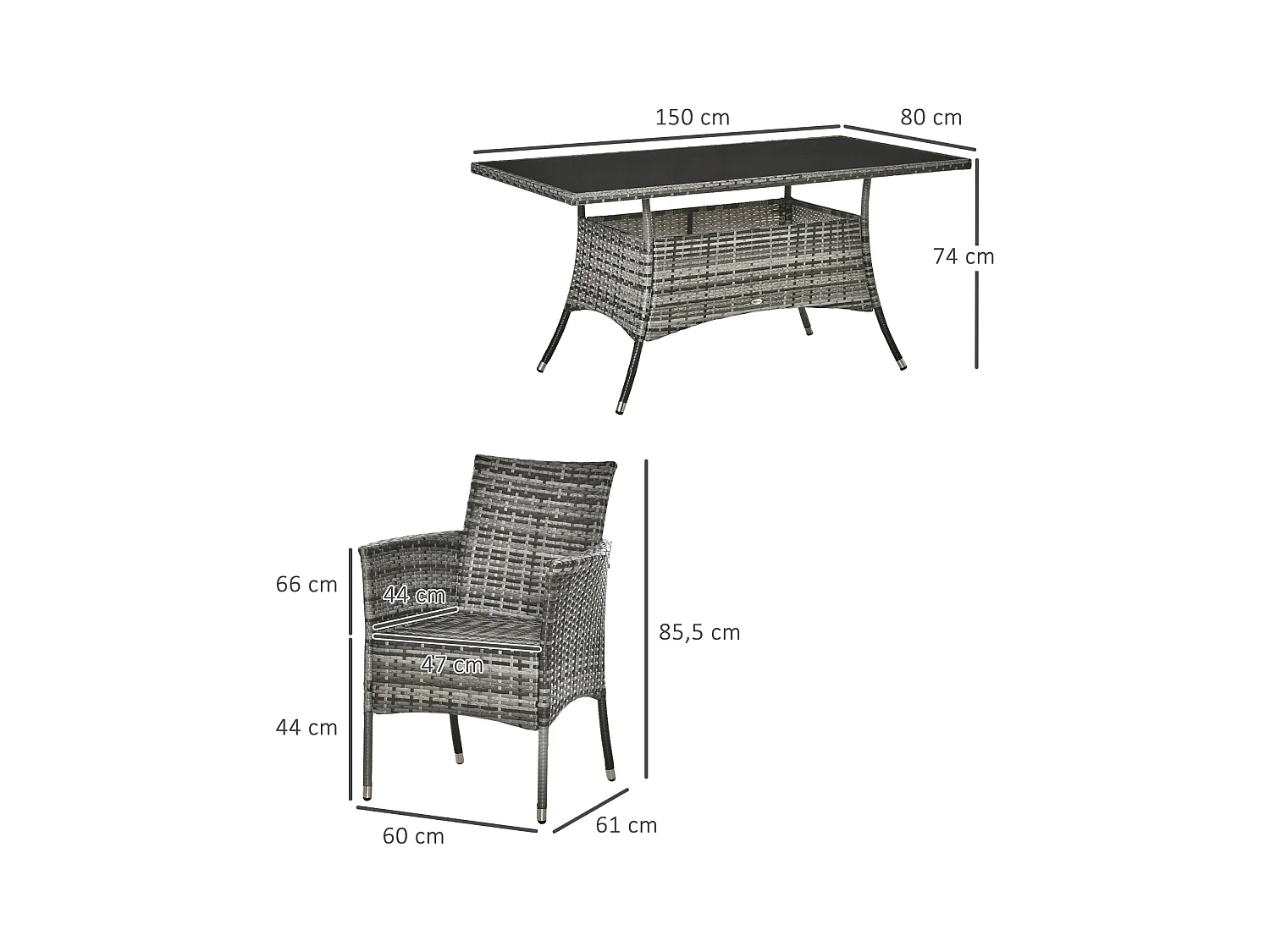 Ensemble salon de jardin 6 personnes - grande table rectangulaire, 6 fauteuils - 6 coussins d'assise déhoussables inclus