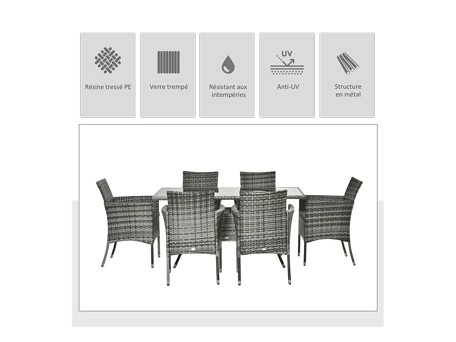 Ensemble salon de jardin 6 personnes - grande table rectangulaire, 6 fauteuils - 6 coussins d'assise déhoussables inclus