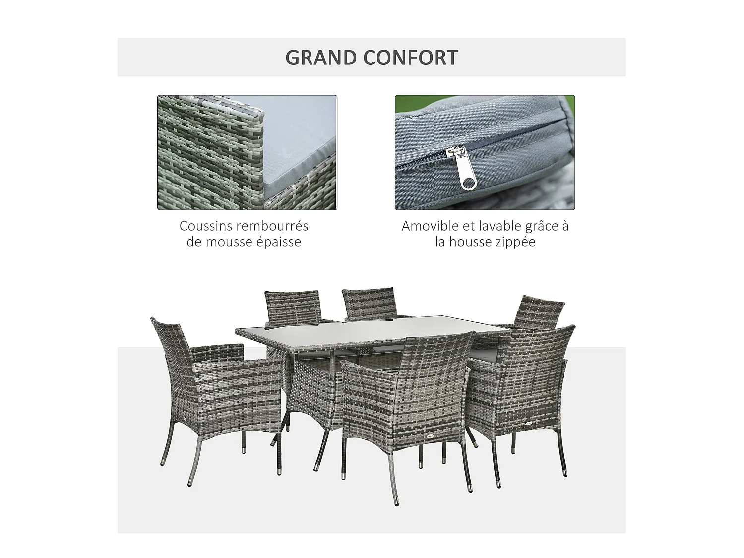 Ensemble salon de jardin 6 personnes - grande table rectangulaire, 6 fauteuils - 6 coussins d'assise déhoussables inclus