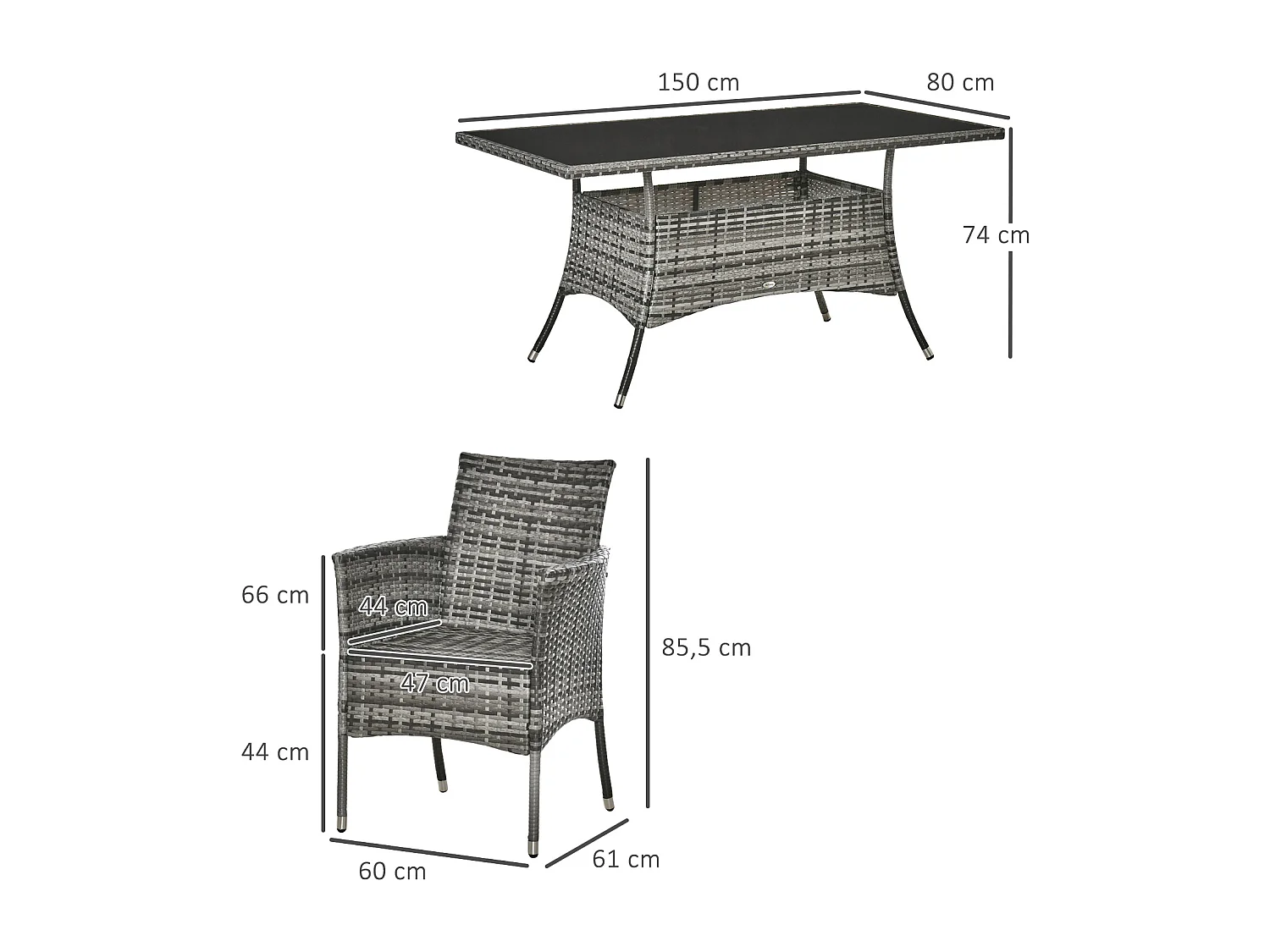 Ensemble salon de jardin 6 personnes - grande table rectangulaire, 6 fauteuils - 6 coussins d'assise déhoussables inclus