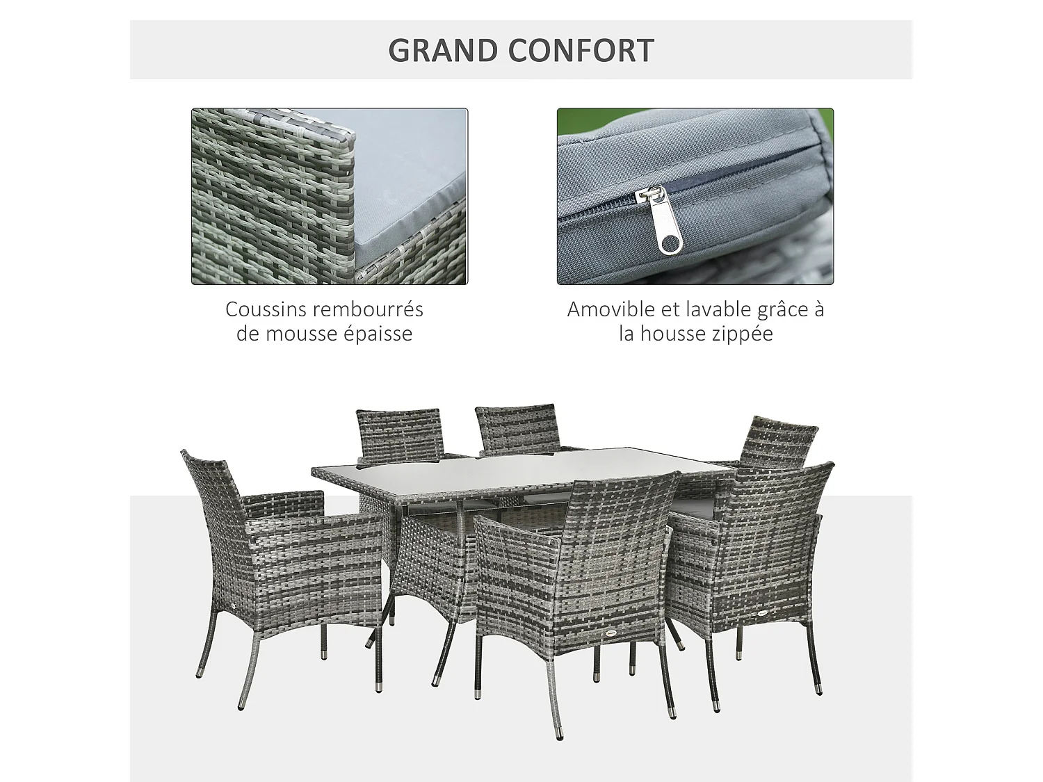 Ensemble salon de jardin 6 personnes - grande table rectangulaire, 6 fauteuils - 6 coussins d'assise déhoussables inclus