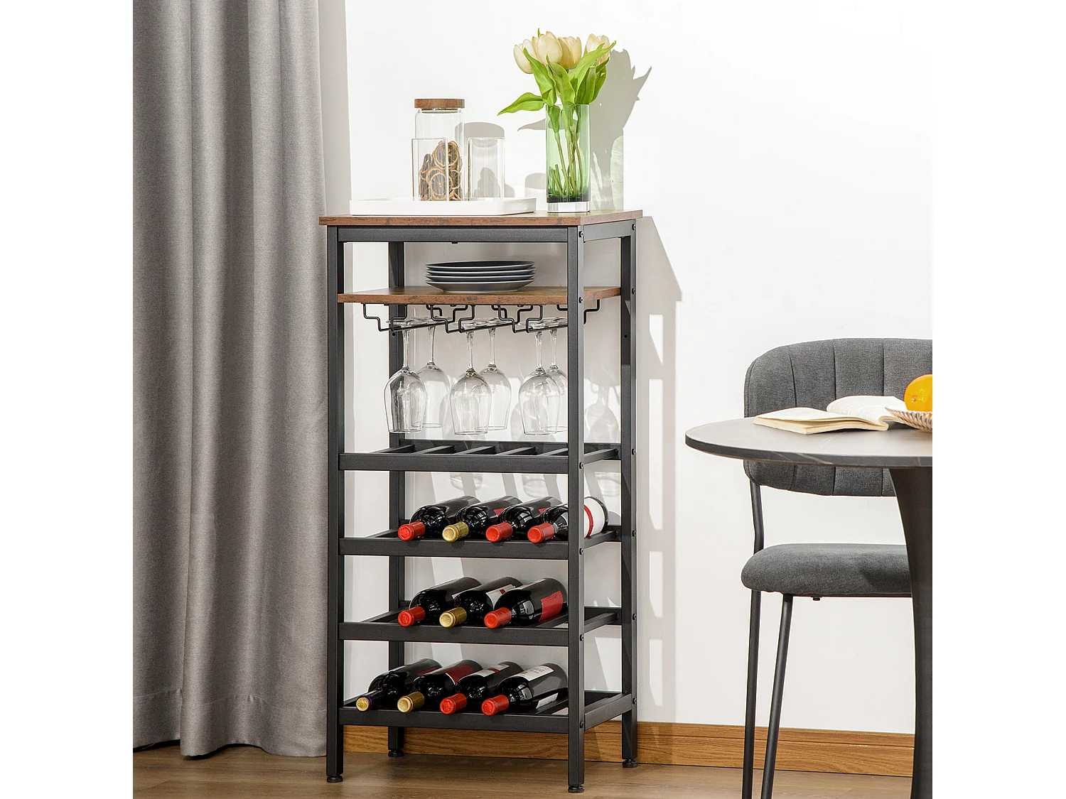 Casier à vin avec étagères capacité 20 bouteilles - porte-bouteilles porte-verres style industriel dim. 50L x 32l x 100H cm - métal noir aspect bois vieilli