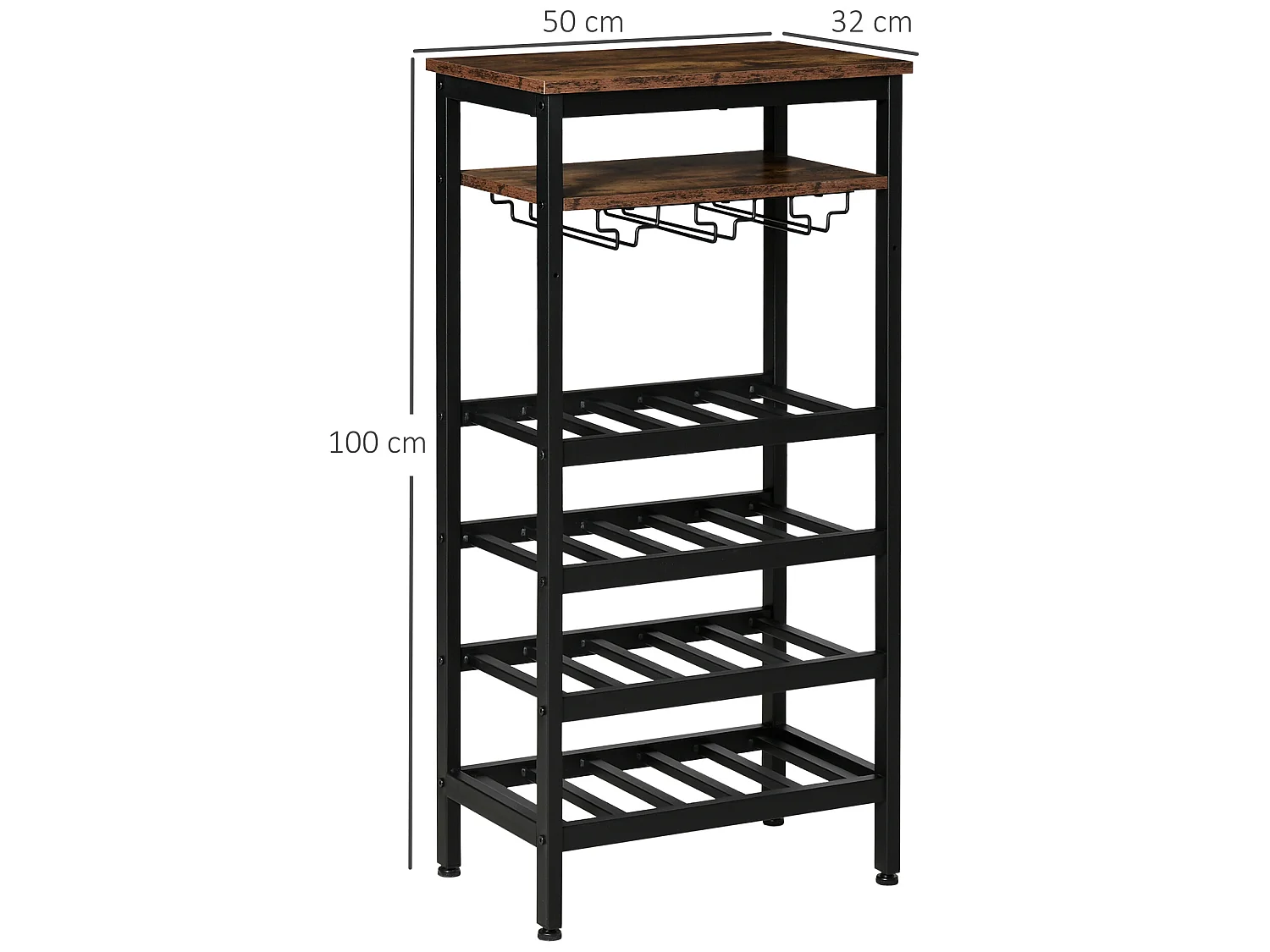 Casier à vin avec étagères capacité 20 bouteilles - porte-bouteilles porte-verres style industriel dim. 50L x 32l x 100H cm - métal noir aspect bois vieilli