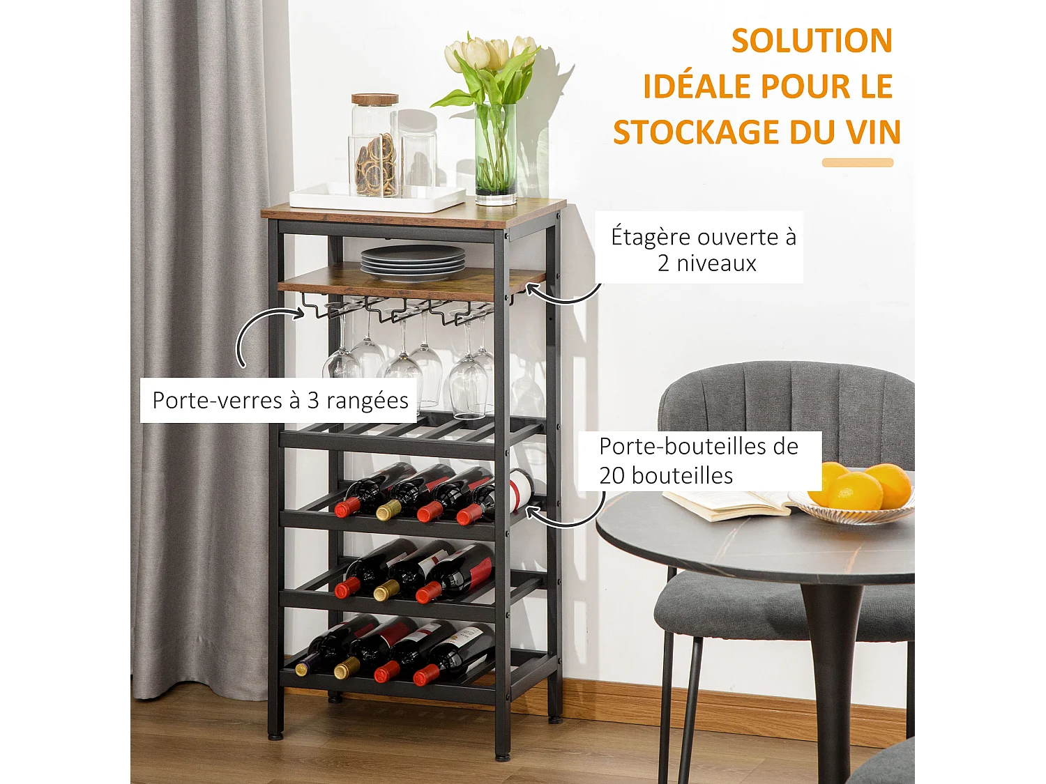 Casier à vin avec étagères capacité 20 bouteilles - porte-bouteilles porte-verres style industriel dim. 50L x 32l x 100H cm - métal noir aspect bois vieilli