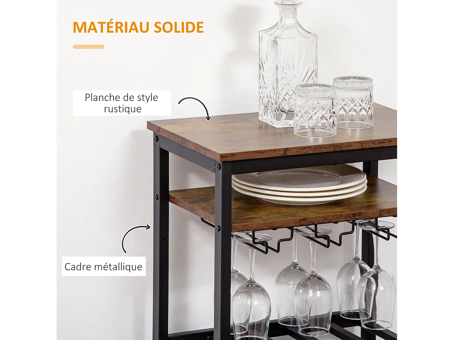 Casier à vin avec étagères capacité 20 bouteilles - porte-bouteilles porte-verres style industriel dim. 50L x 32l x 100H cm - métal noir aspect bois vieilli