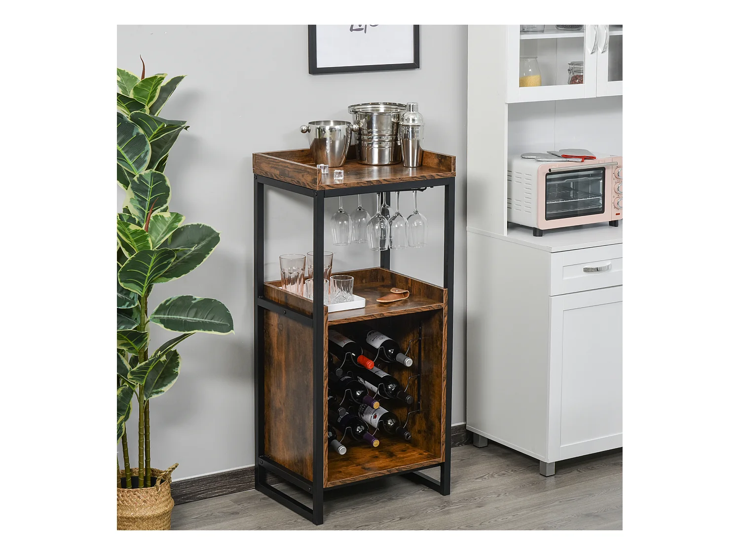 Casier à vin design industriel étagère à bouteilles 9 bouteilles support verres à vin intégré métal noir aspect vieux bois veinage