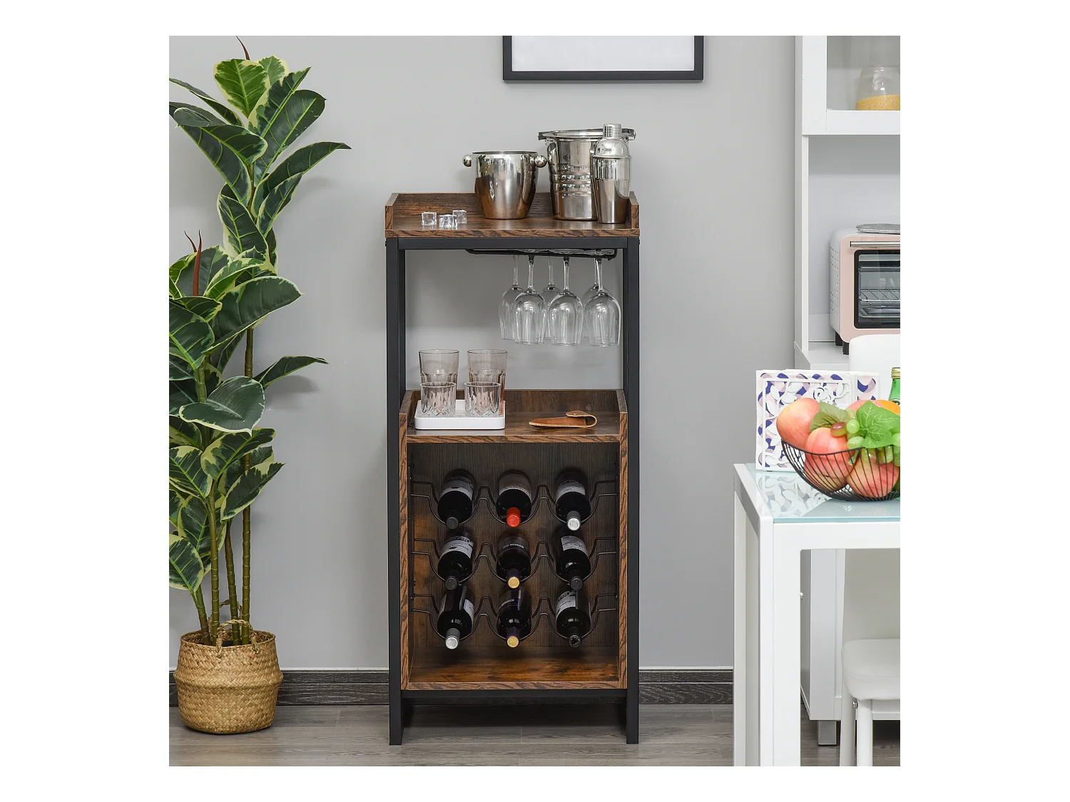 Casier à vin design industriel étagère à bouteilles 9 bouteilles support verres à vin intégré métal noir aspect vieux bois veinage