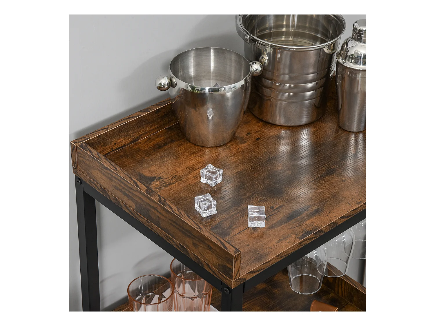 Casier à vin design industriel étagère à bouteilles 9 bouteilles support verres à vin intégré métal noir aspect vieux bois veinage