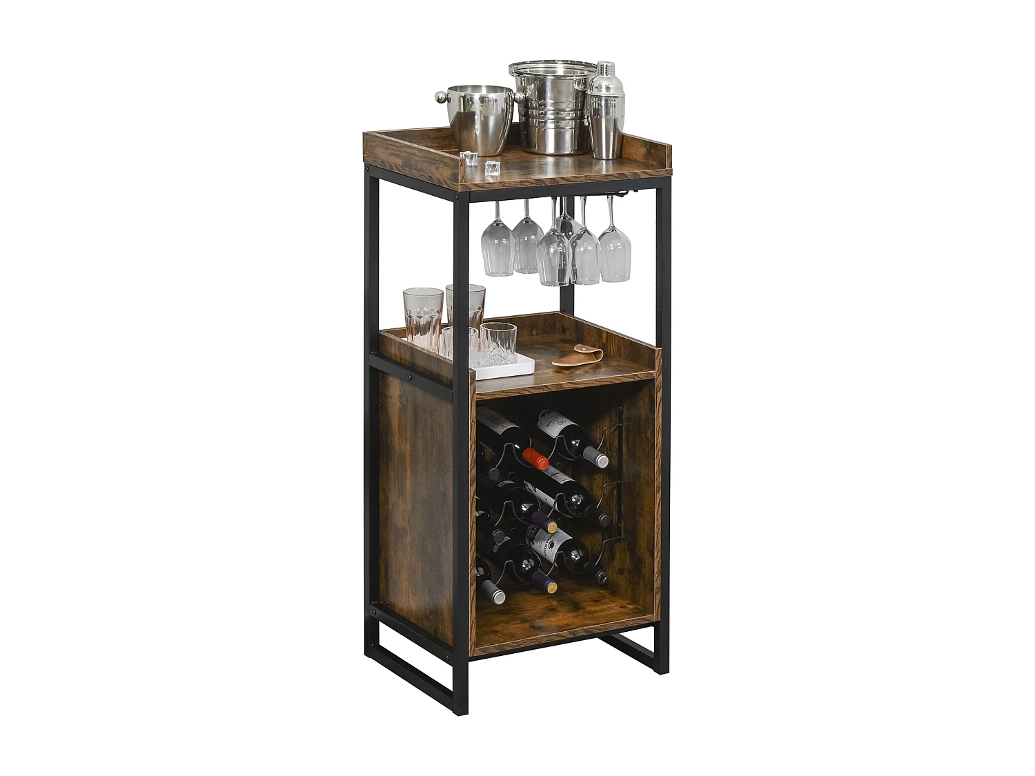 Casier à vin design industriel étagère à bouteilles 9 bouteilles support verres à vin intégré métal noir aspect vieux bois veinage
