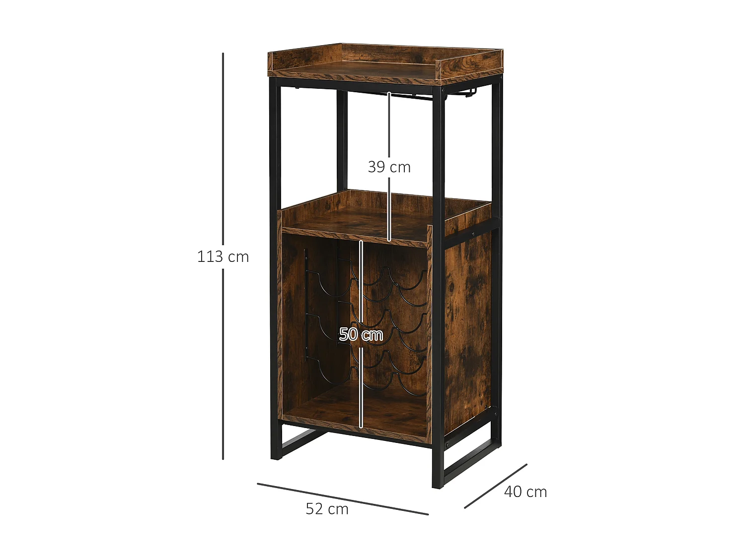 Casier à vin design industriel étagère à bouteilles 9 bouteilles support verres à vin intégré métal noir aspect vieux bois veinage